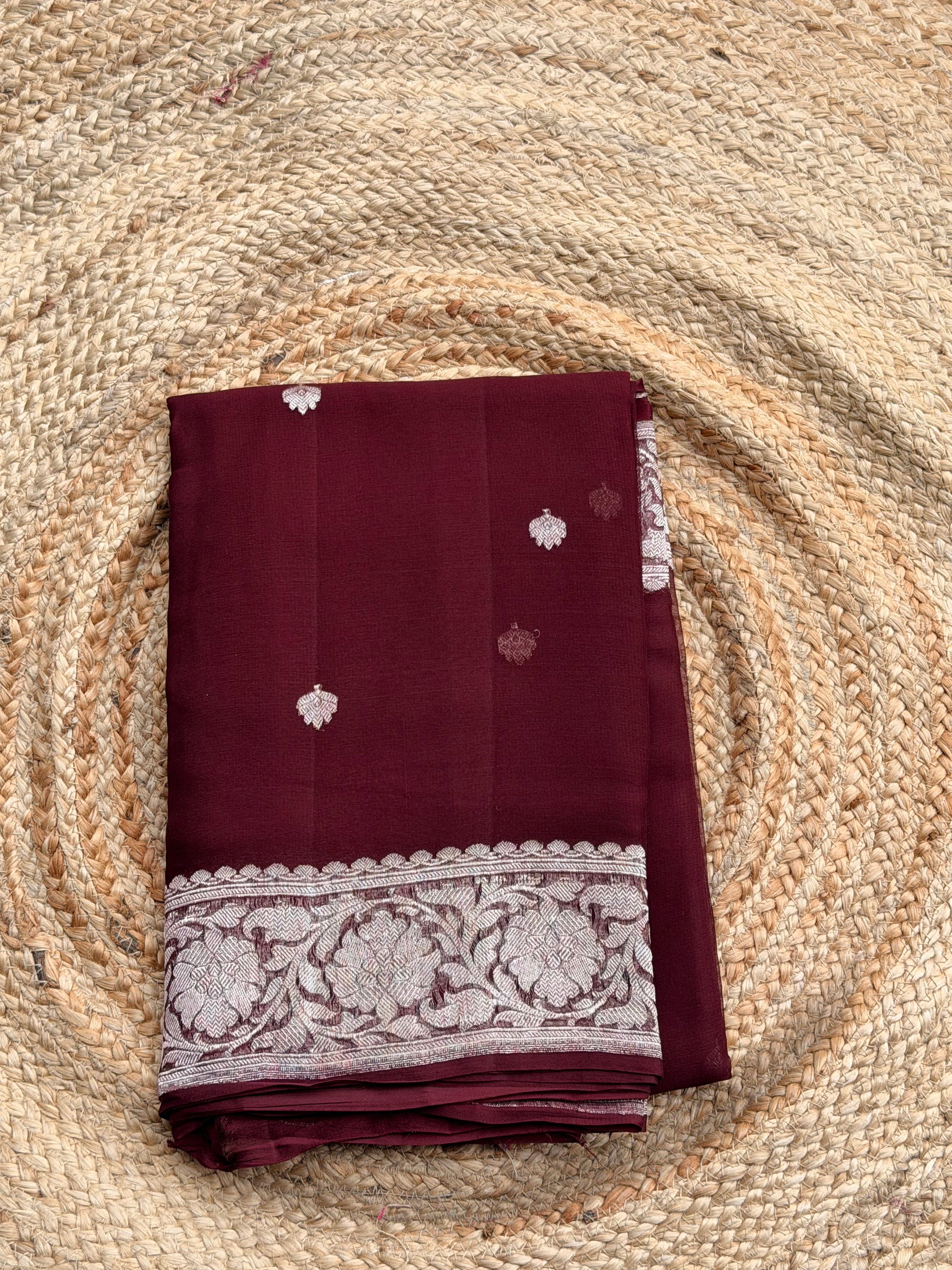 Burgundy maroon banarasi pure khadi chiffon sliver zari woven
