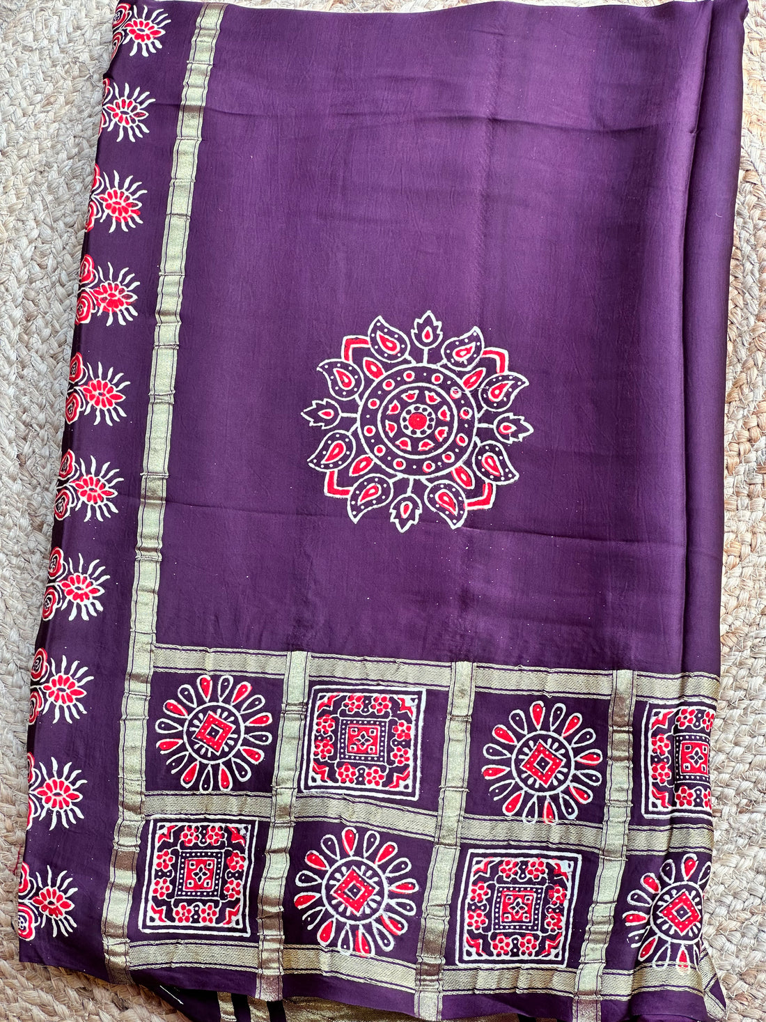 Deep coffee brown pure modal silk sarees with Ajrak blouse