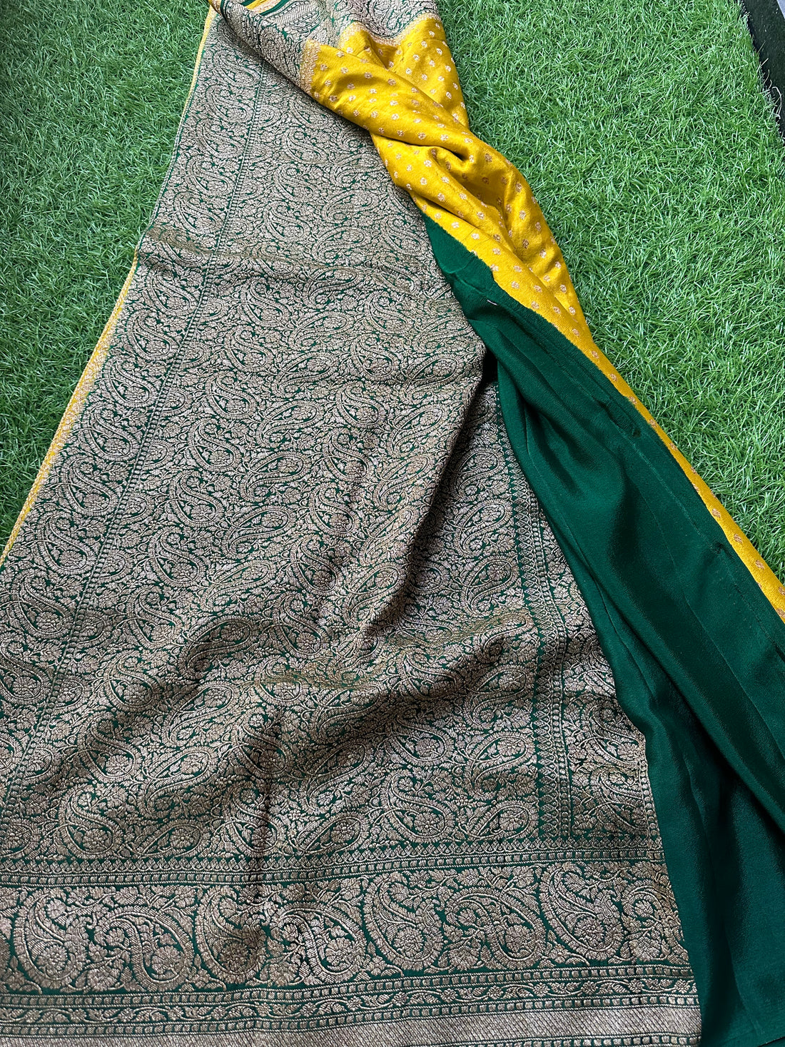 Mustard with green,pure crepe Banaras handloom silk sarees.