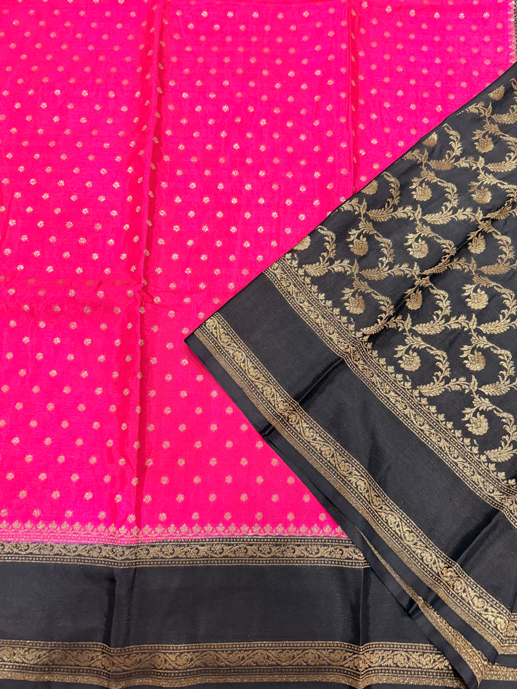 Rani pink bentex pure Banarasi crepe chiffon 107 with antique zari saree