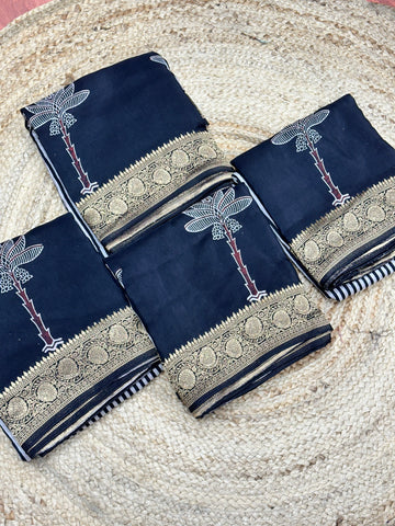 Black stripes Pure Ajrak dola silk sarees