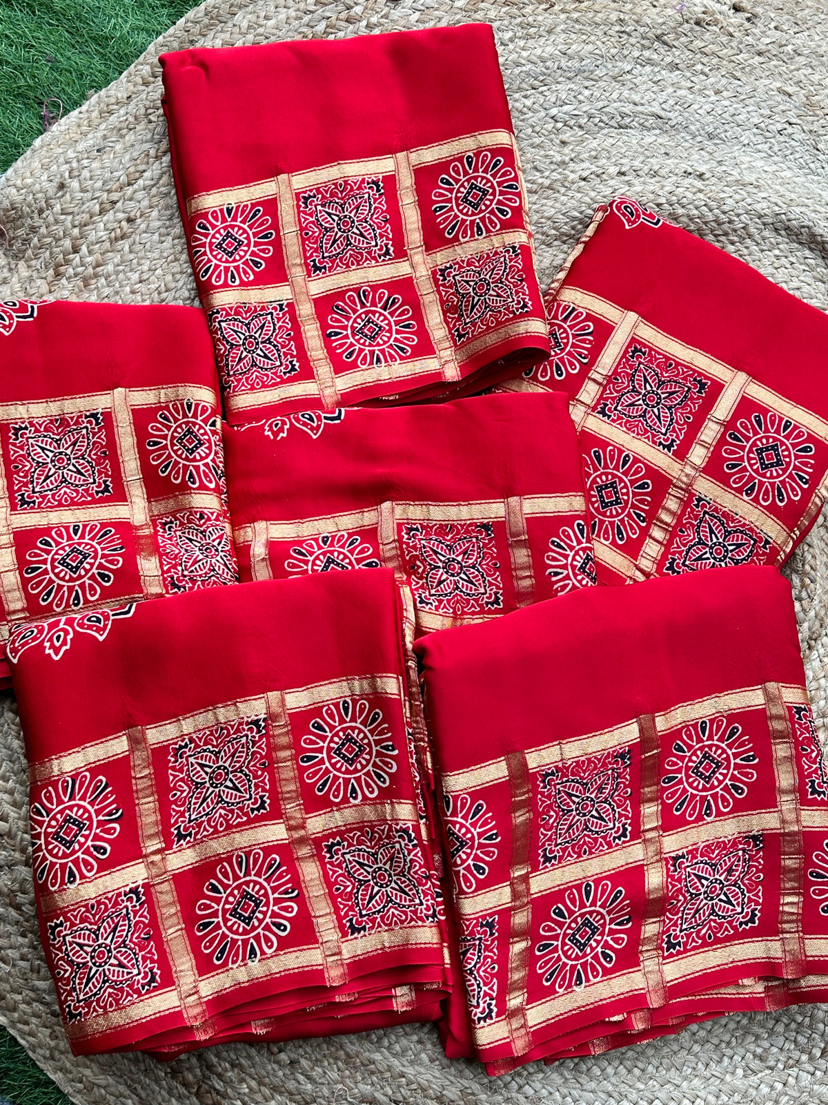 Hot red pure modal Ajrak silk sarees with lotus Ajrak blouse