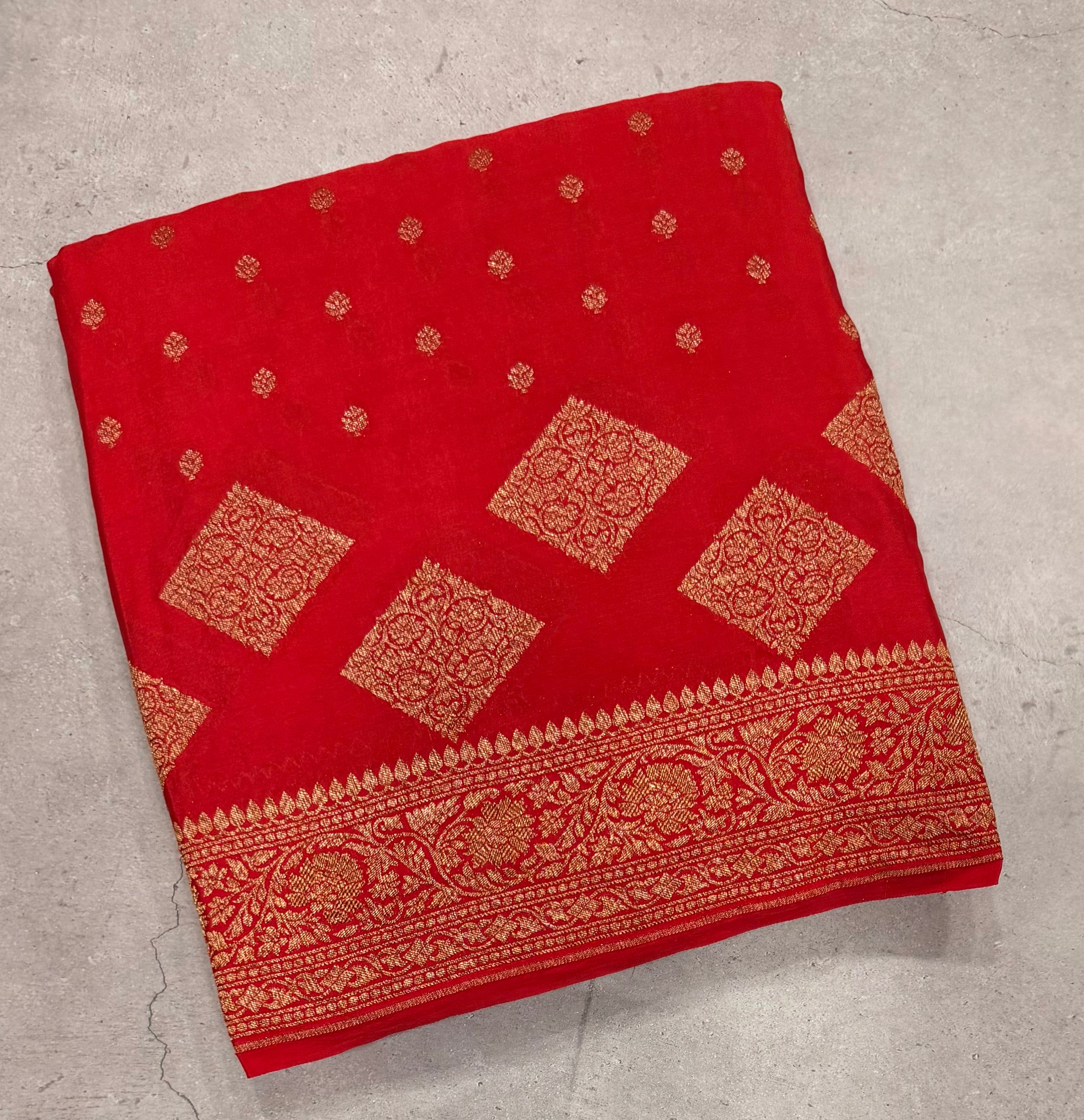 Red  small butta pure benarasi crepe silk saree