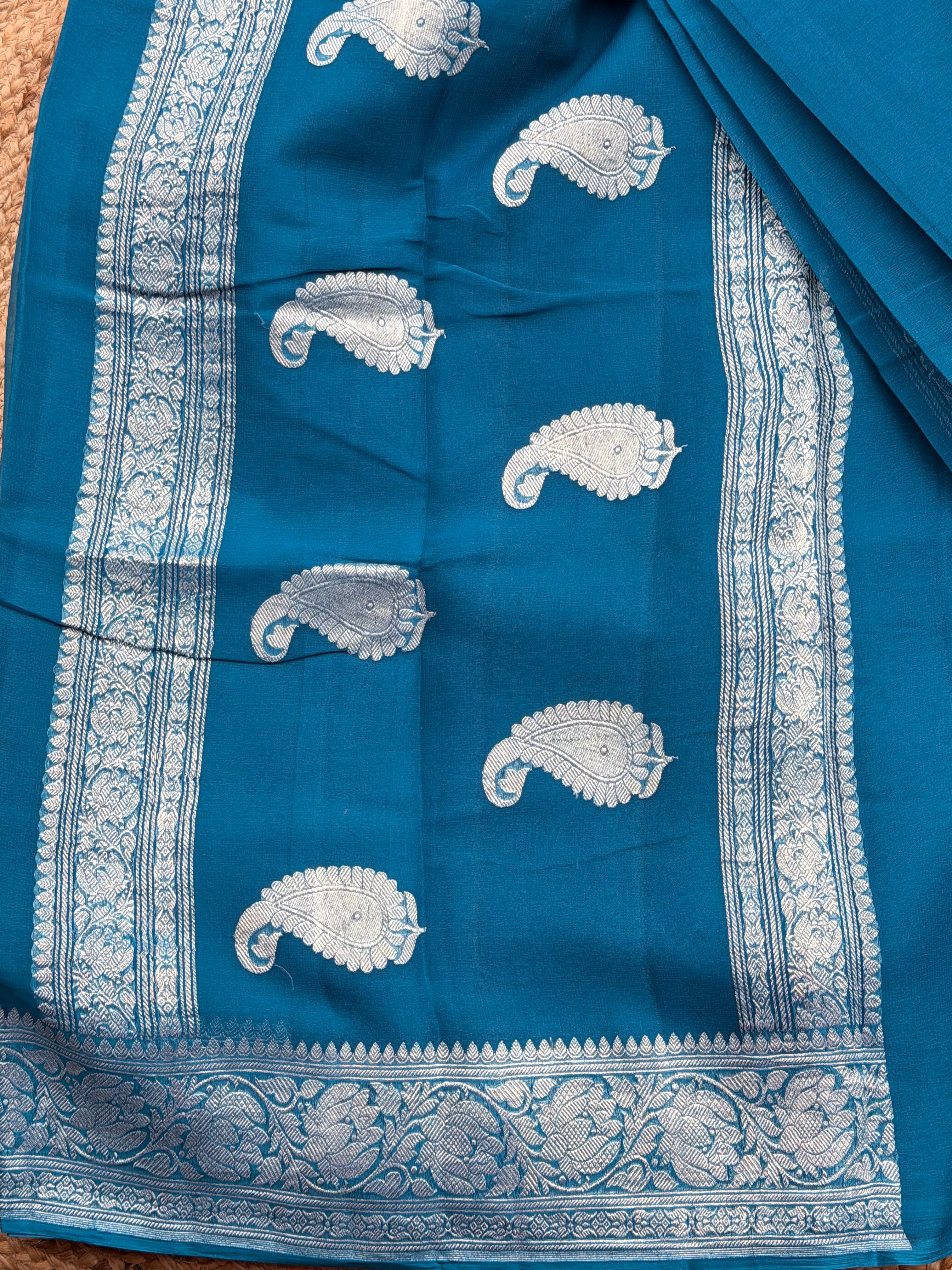 Peacock blue Banarasi pure khadi chiffon saree sliver zari woven