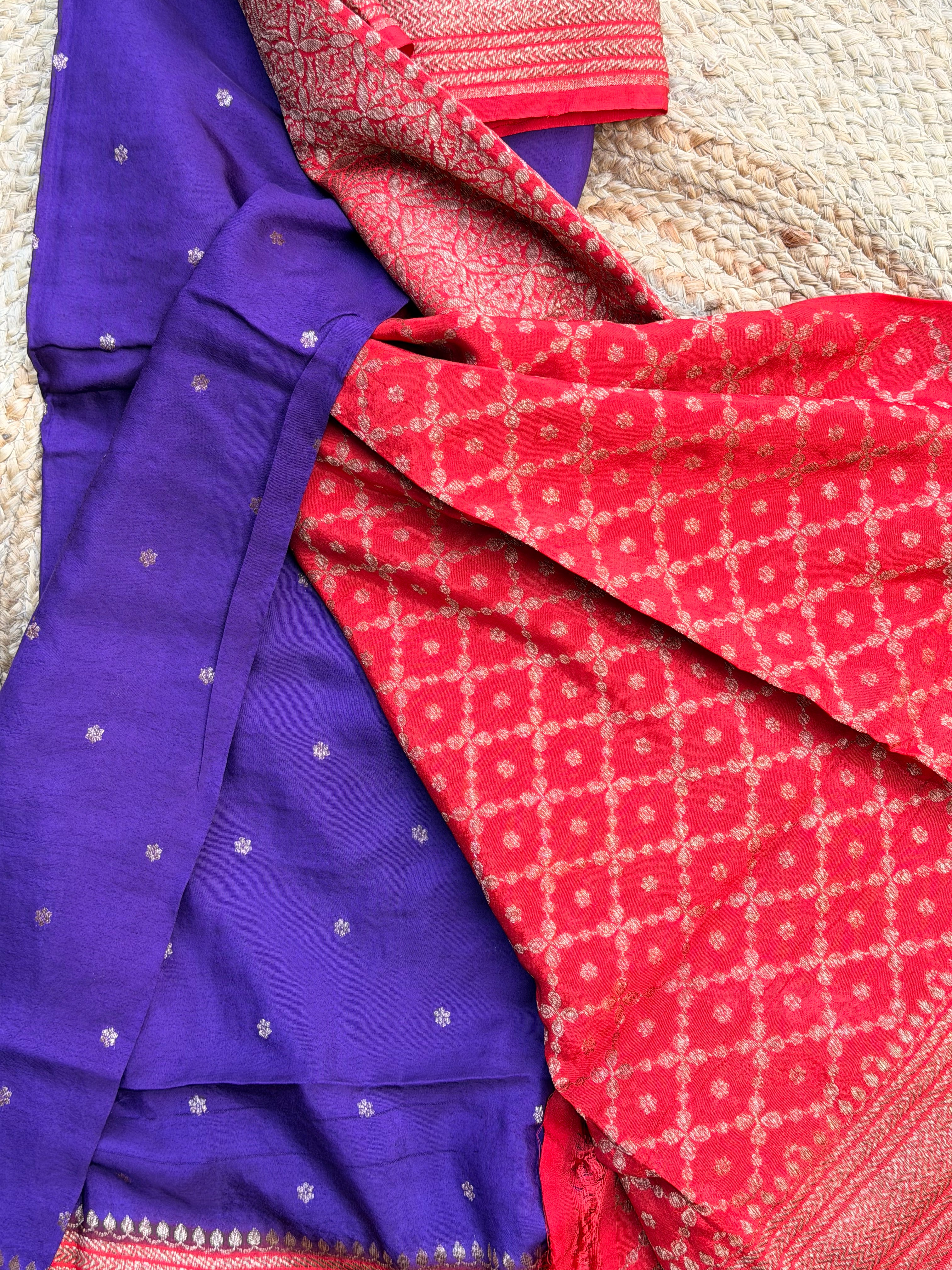 Purple with red Banarasi crepe chiffon konia design