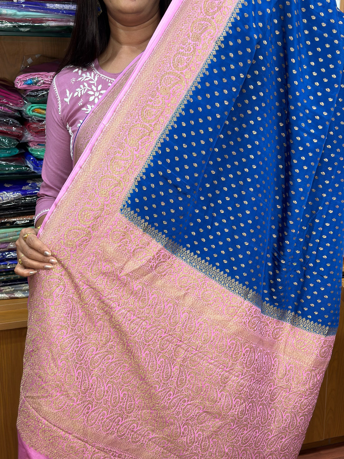 Blue and baby pink pure crepe Banaras silk sarees