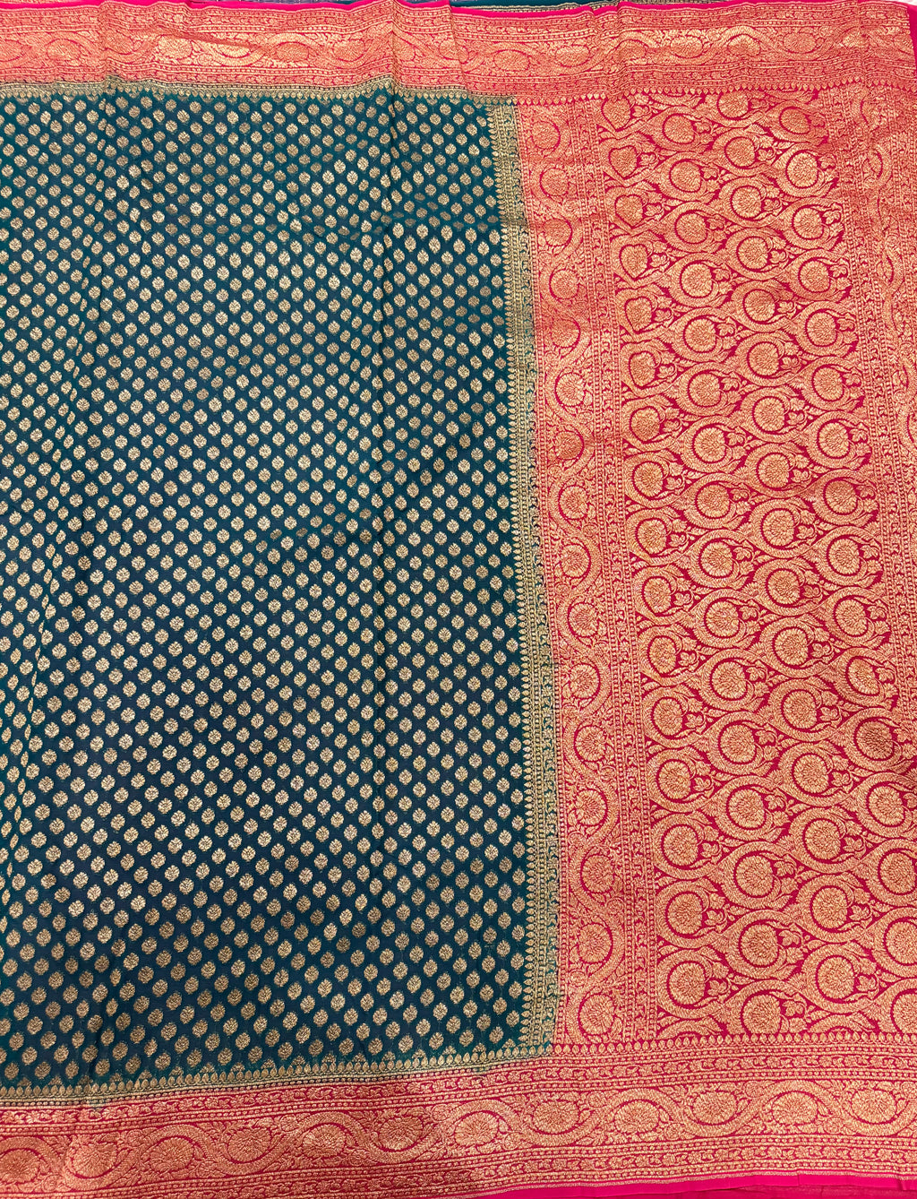Bottle green small butta pure Banarasi khaddi georgette saree