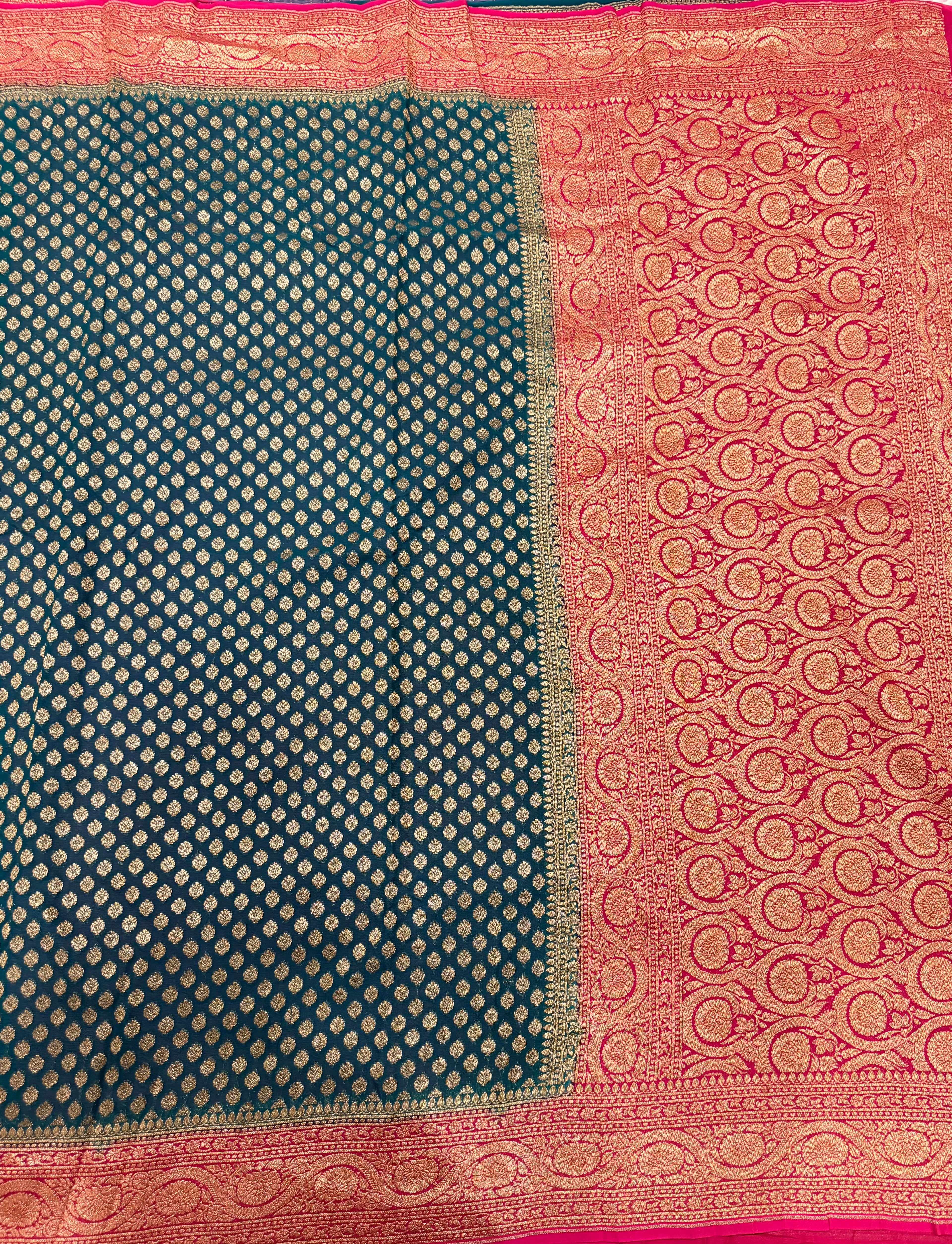 Bottle green small butta pure Banarasi khaddi georgette saree