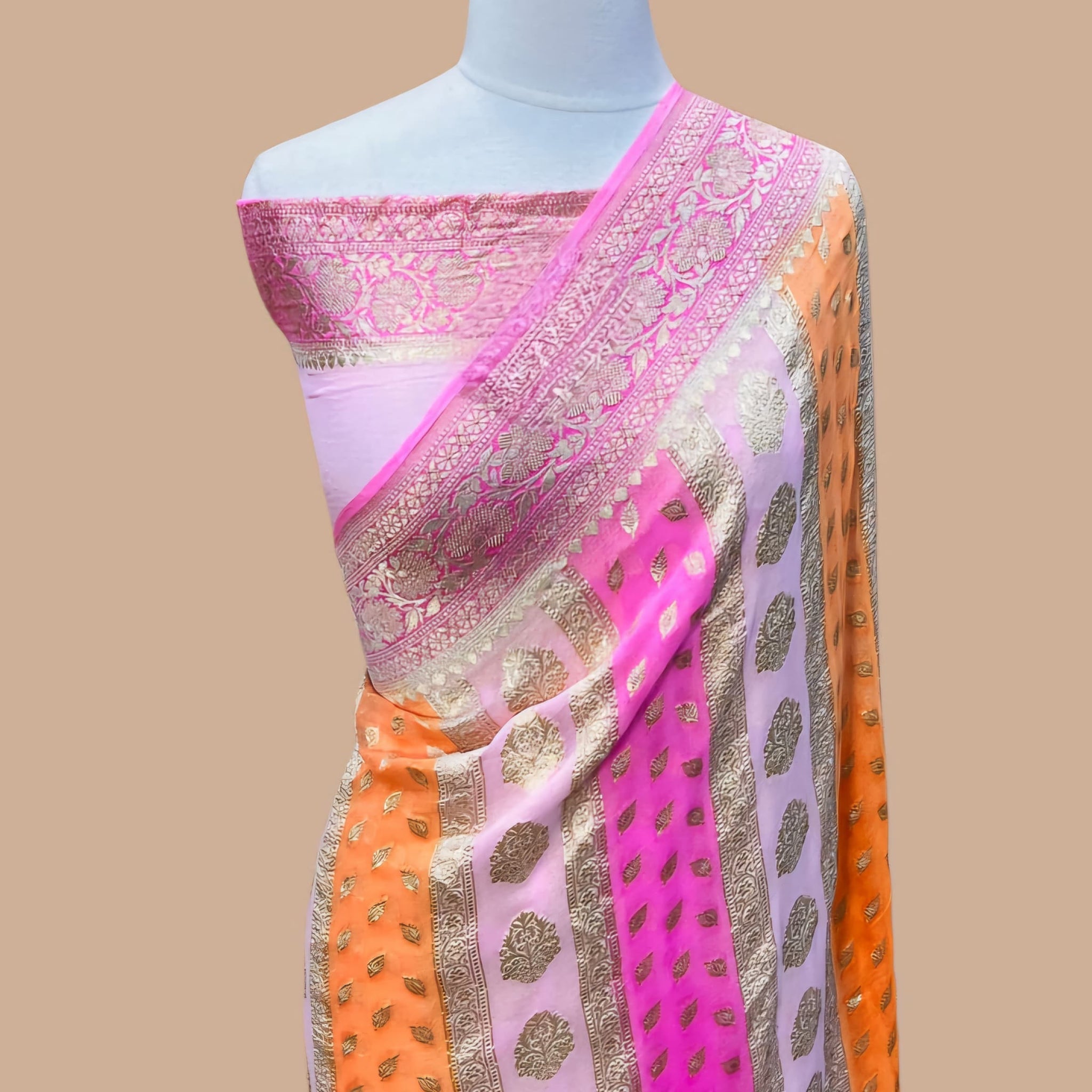 Pink and orange rankat water zari pure khaddi Georgette