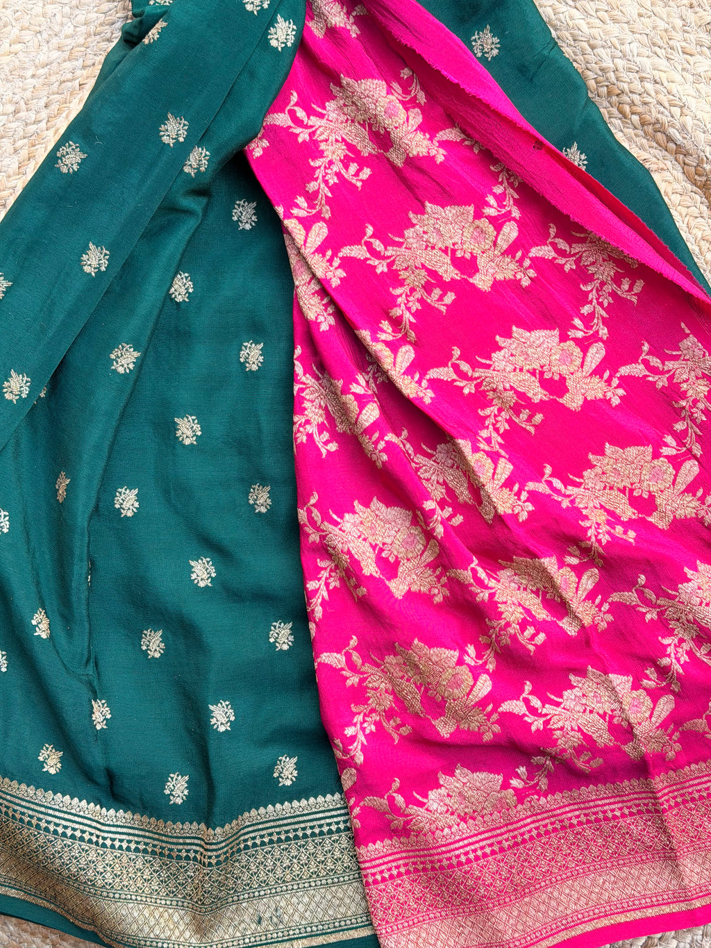 3D Green pink and orange pure crepe Banaras