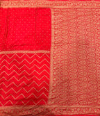 Red zig zag small butta half n half pure benarasi crepe silk saree