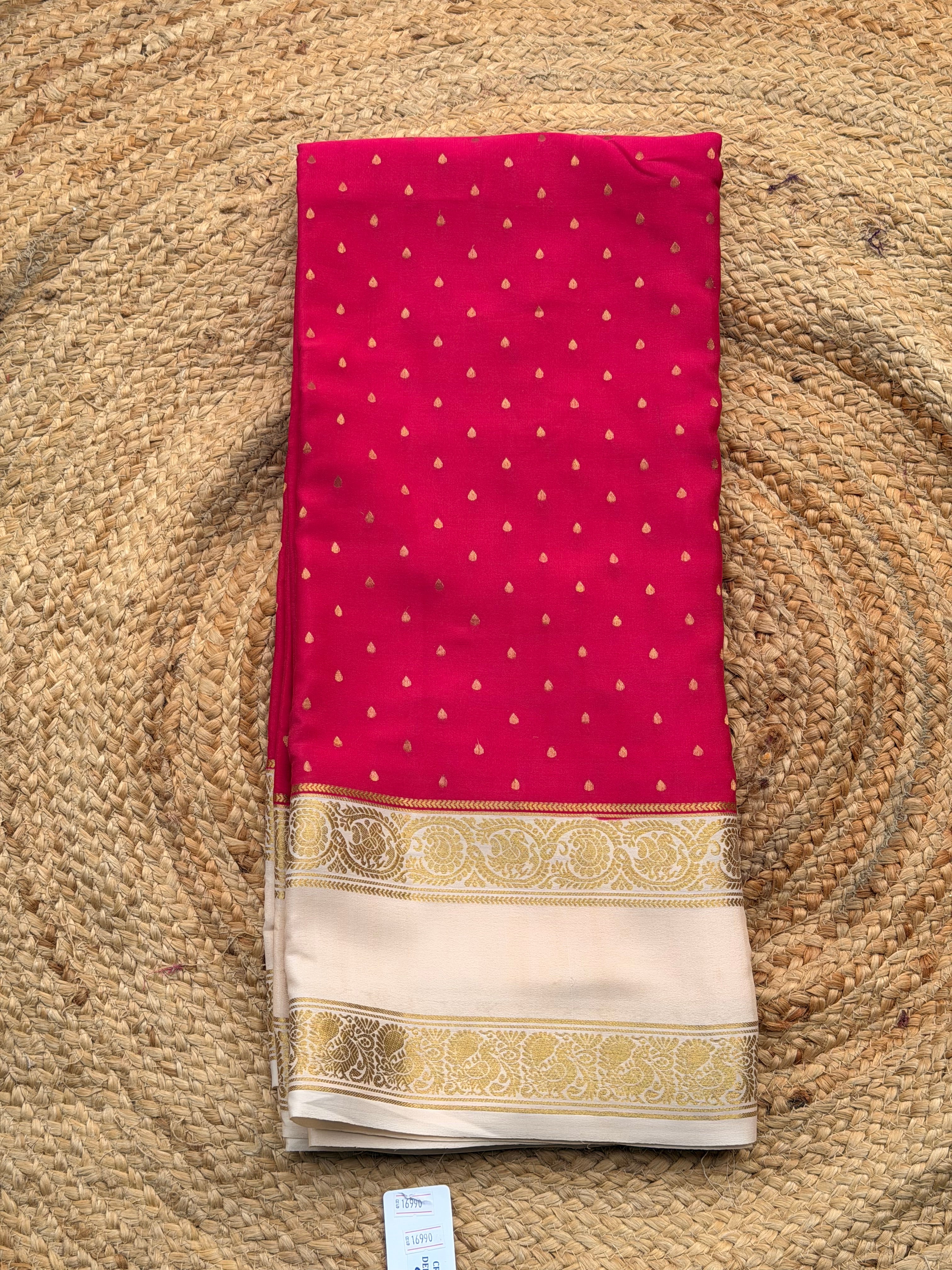 Rani pink and half white 1000 butta pure crepe Mysore silk saree 120gsm
