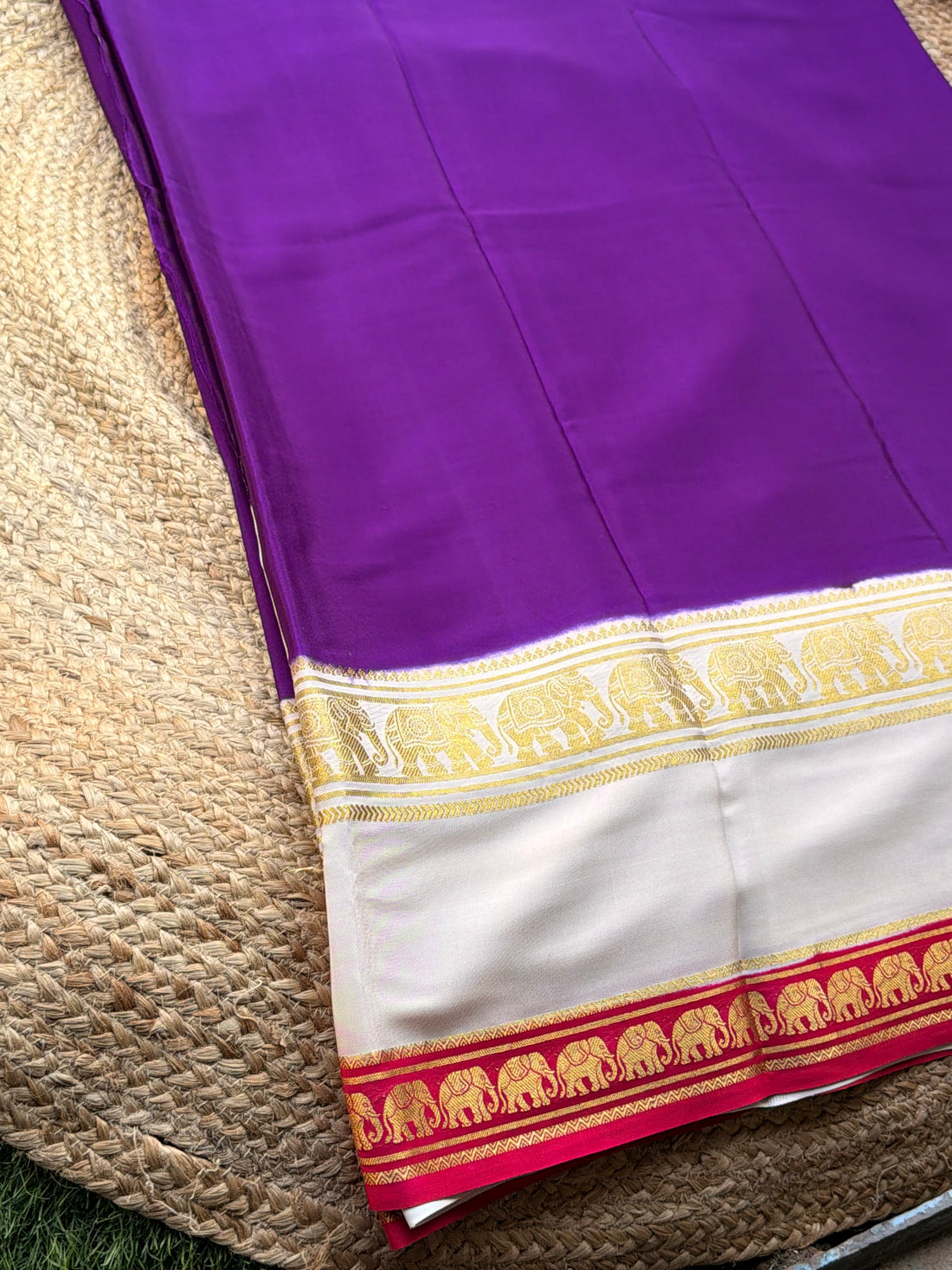 Mysuru Silk Crepe- Elephant 3 D Border (120 gsm) Purple with white and red border
