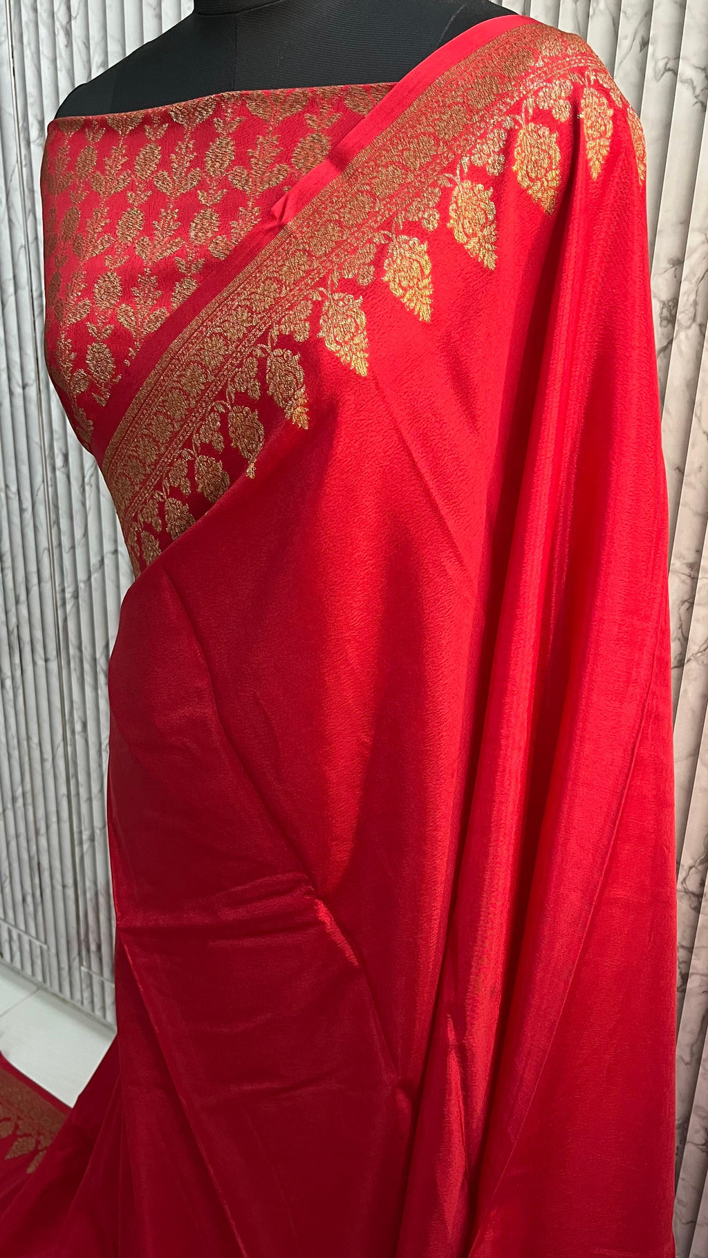 Hot red crepe Banaras chiffon sarees