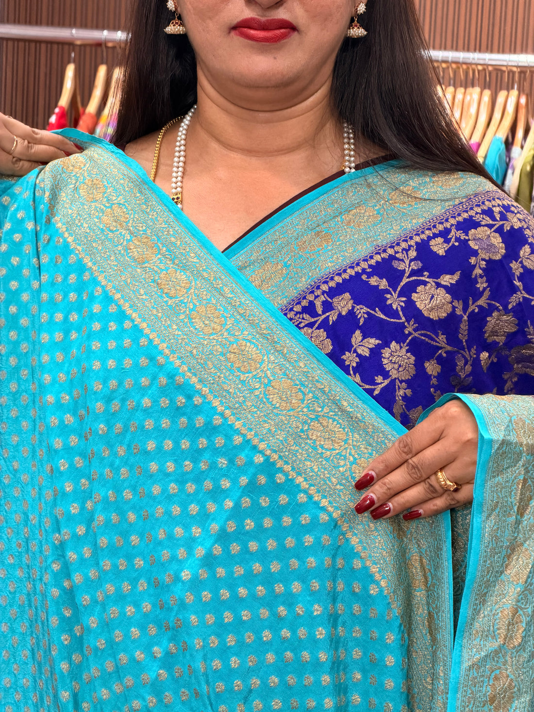 Ink blue and sky blue pure crepe Banaras jaal pattern