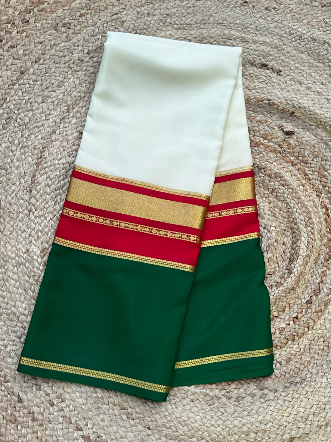Half white red and green pure 3D crepe Mysore Silk