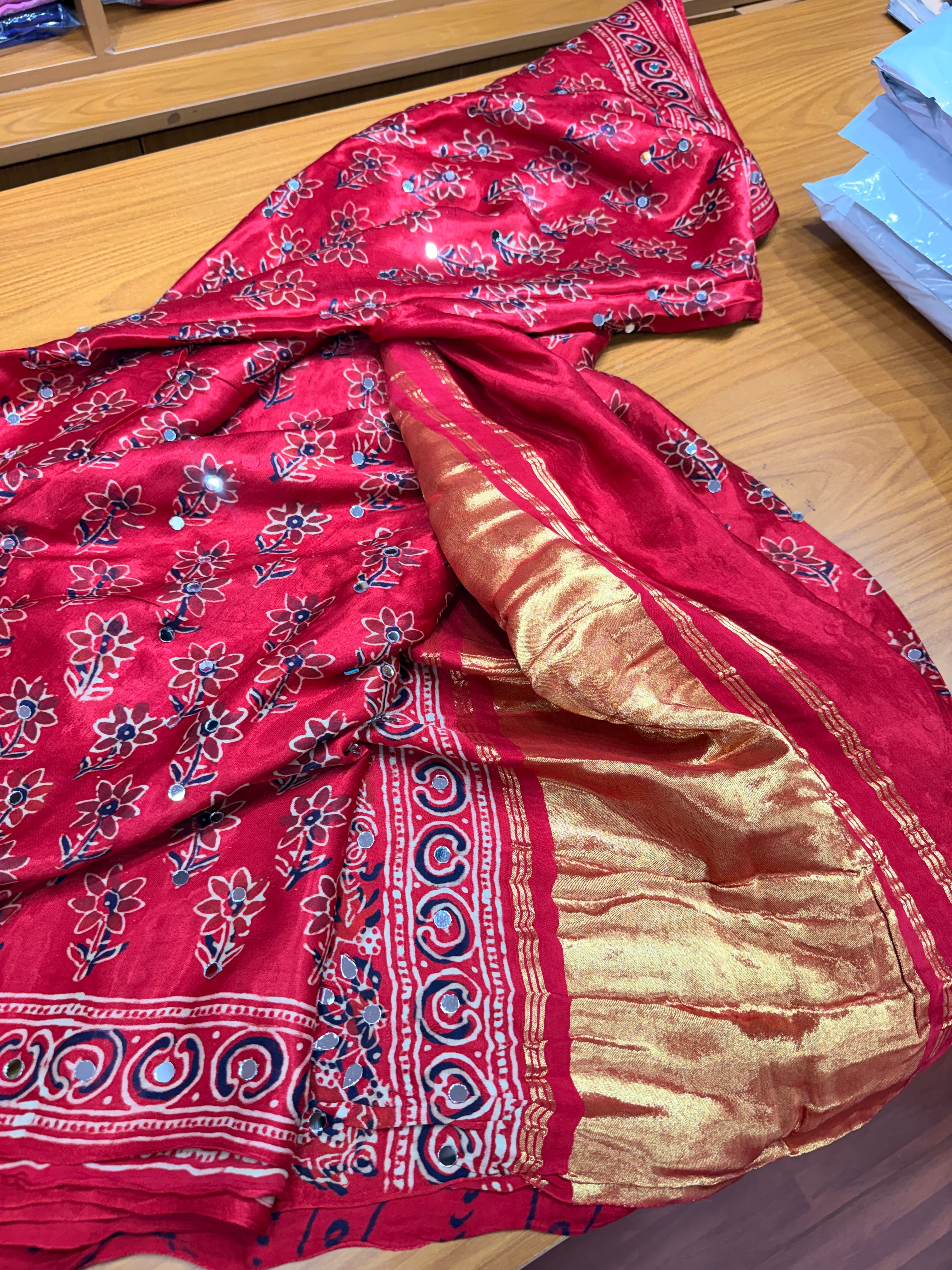 Pure ajrak modal mirror work with tissue pallu