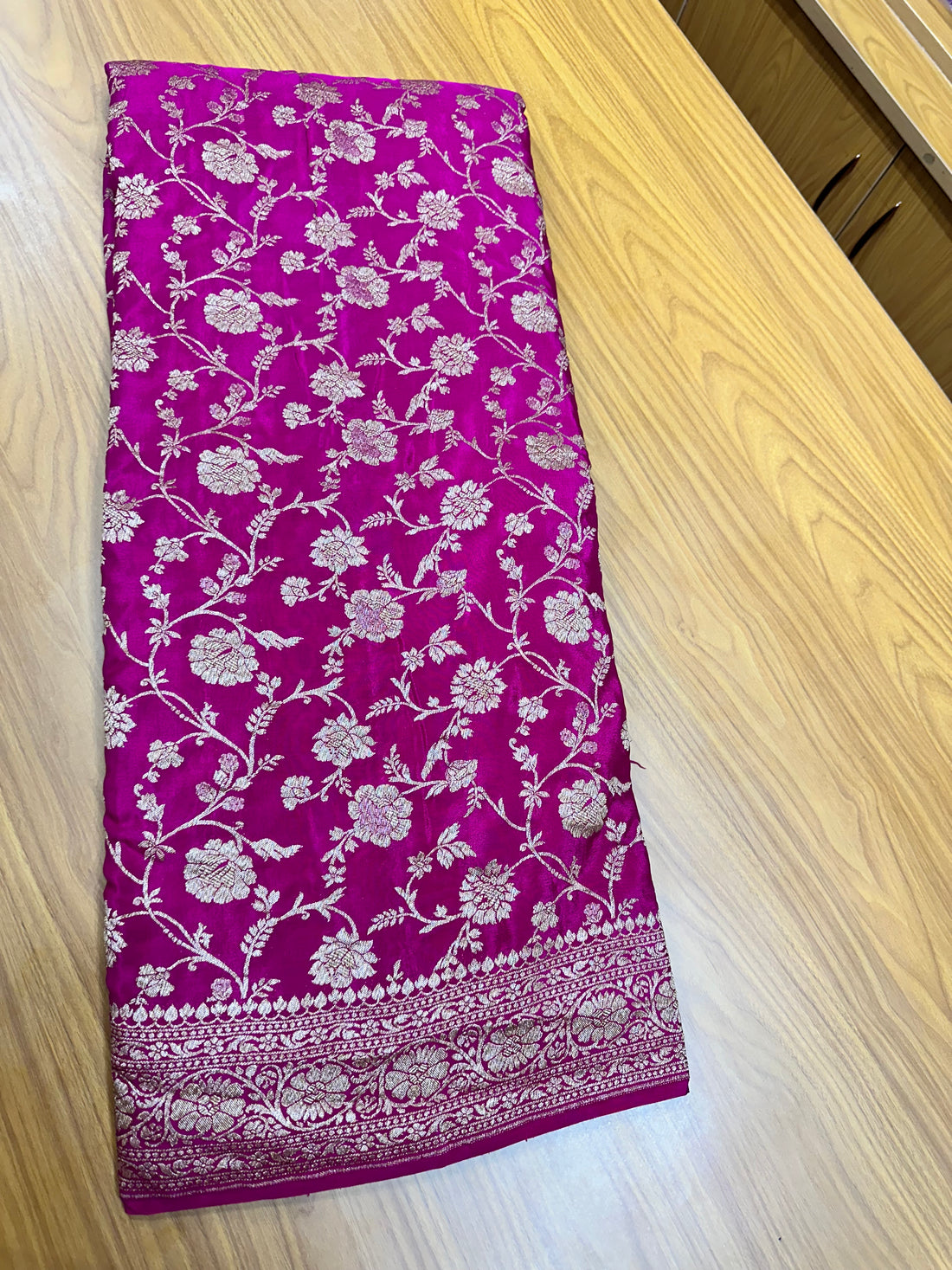 Rani pink pure crepe Banaras jaal pattern saree