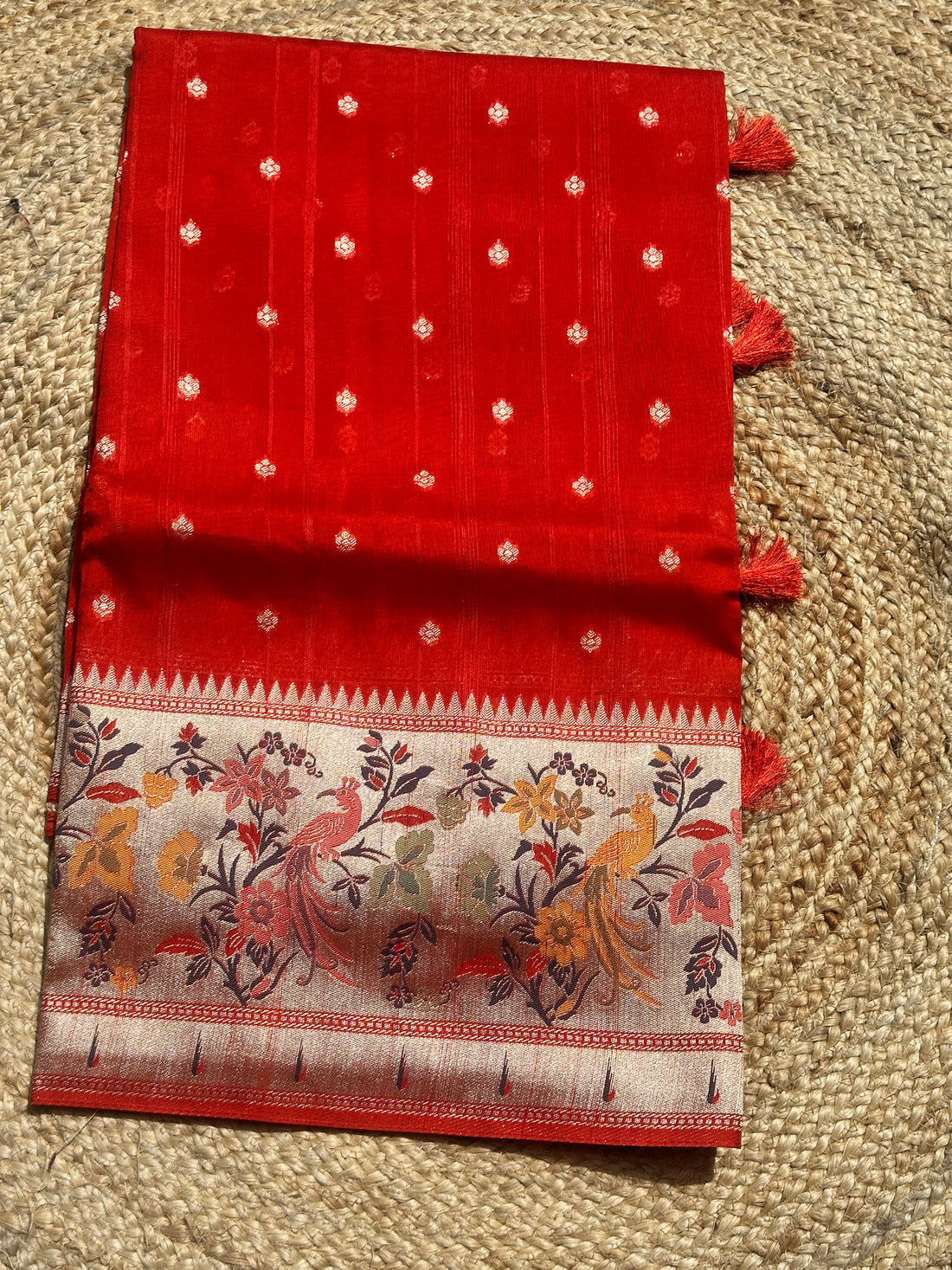 Rust orange pure tusser Paithani saree