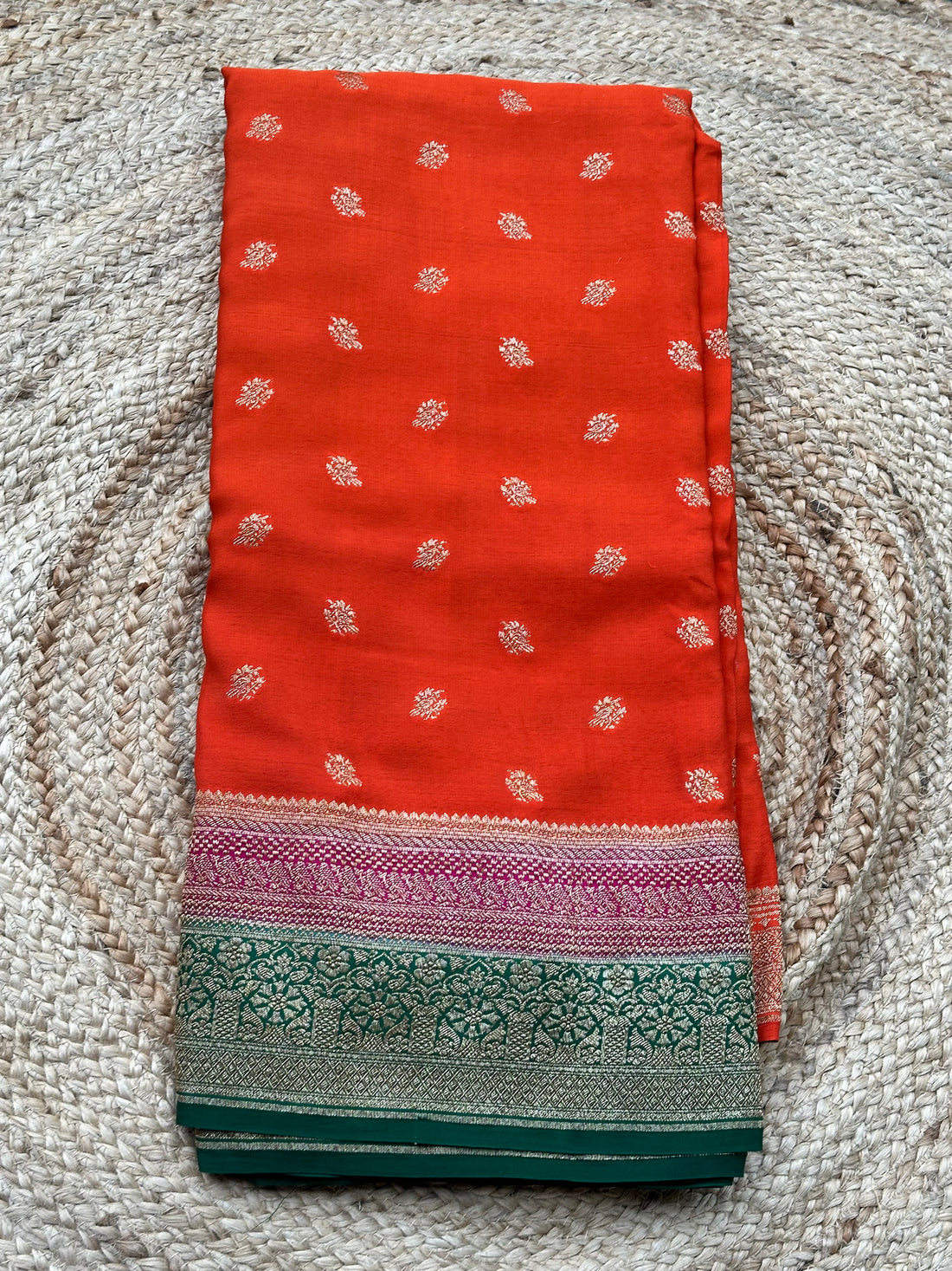 Orange with pink and green pure crepe Banaras sarees
