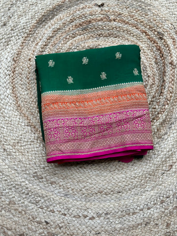 Green and pink pure crepe Banaras silk sarees