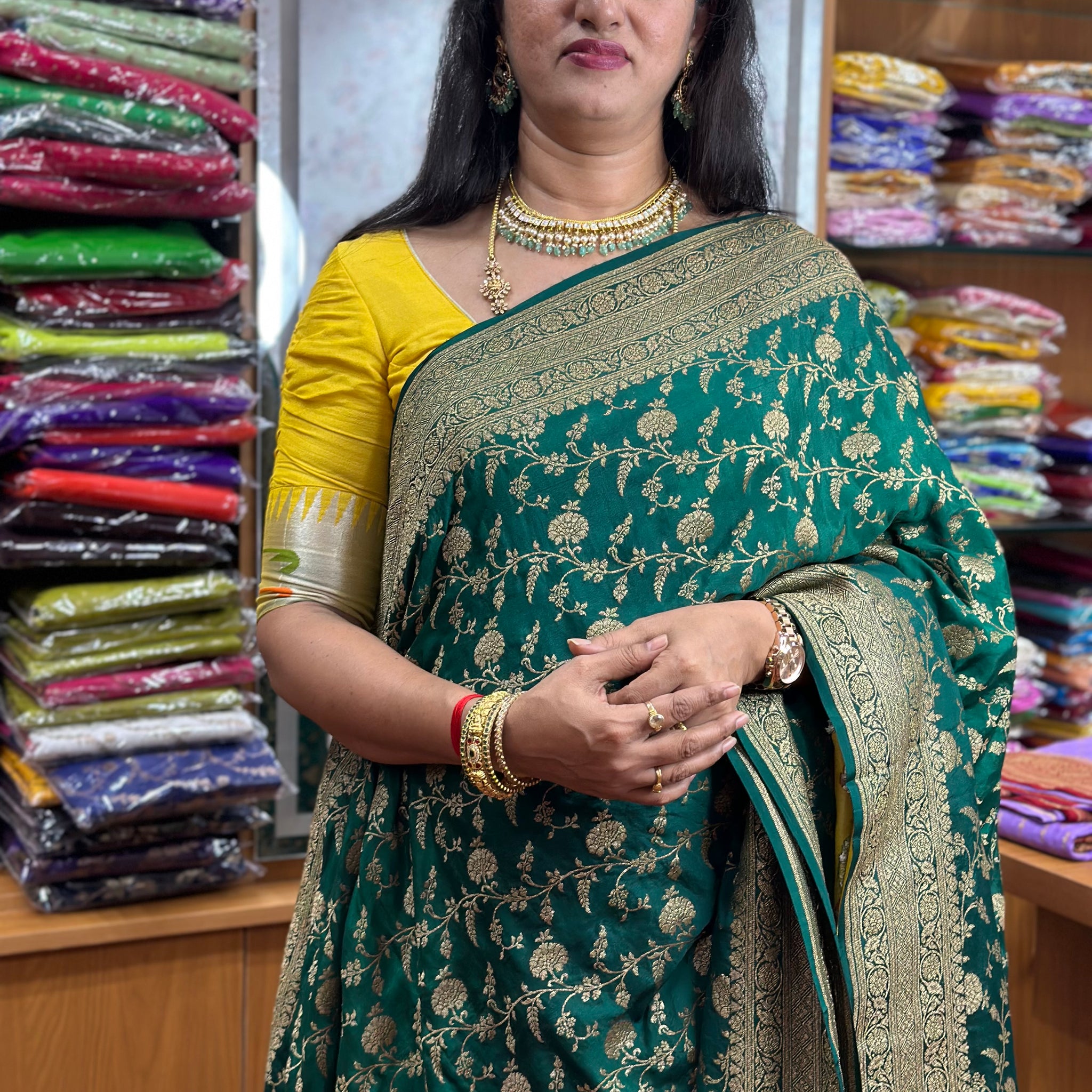 Dark green Pure crepe Banaras handwoven silk saree jaal pattern