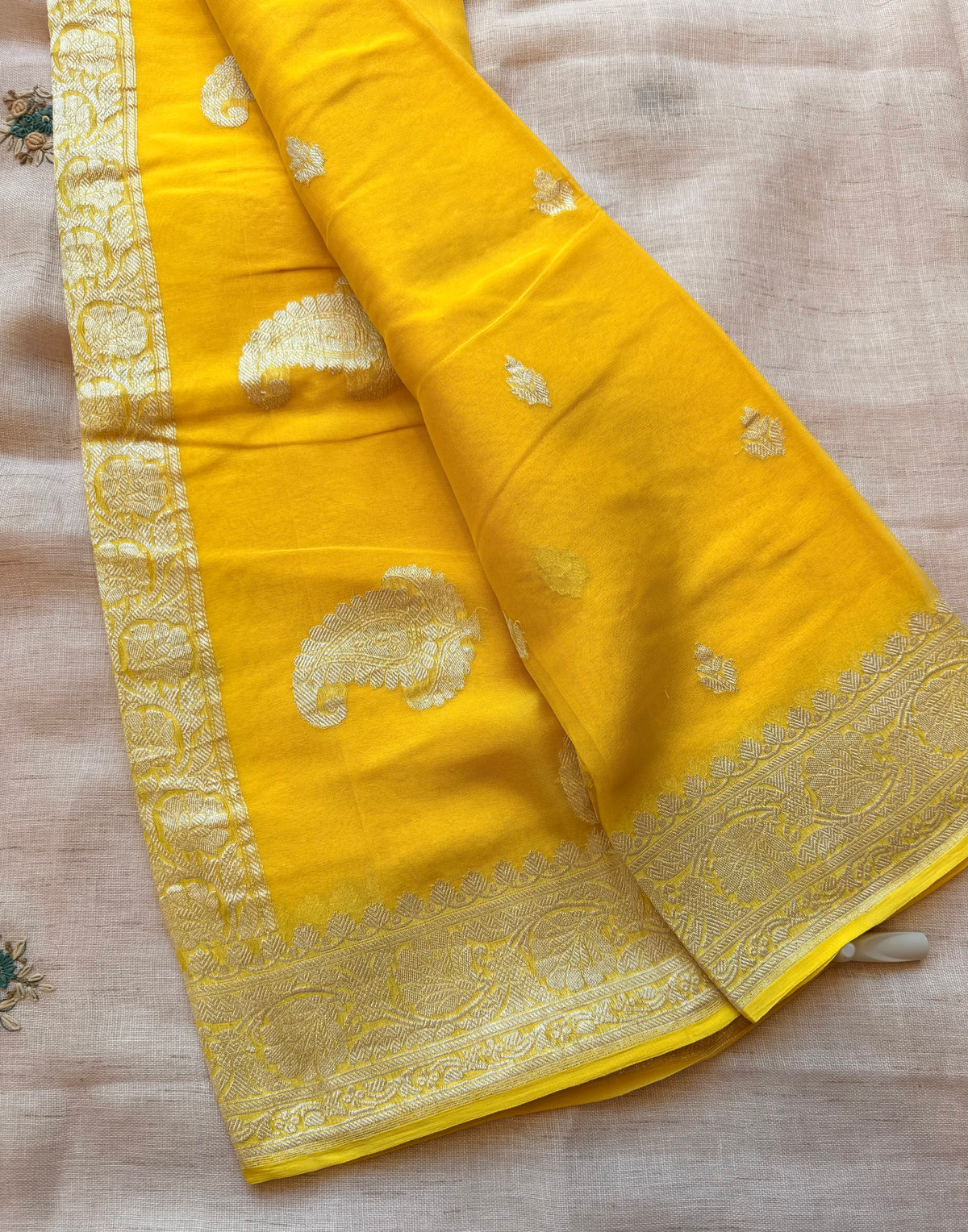 Yellow Banarasi pure khadi chiffon saree sliver zari saree