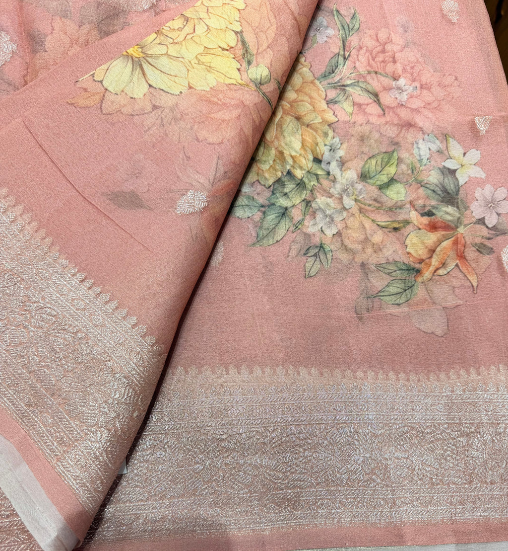Pastel pink digital print Banarasi pure tissue chiffon saree sliver zari saree