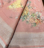 Pastel pink digital print Banarasi pure tissue chiffon saree sliver zari saree