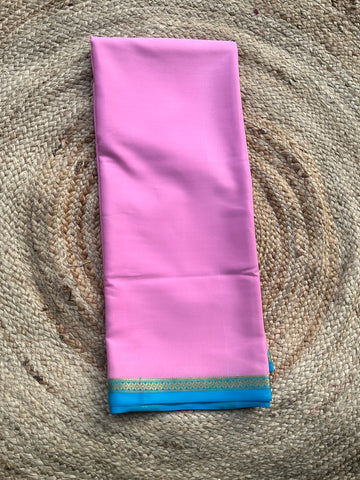 Lotus pink and sky blue small solid border pure crepe Mysore Silk