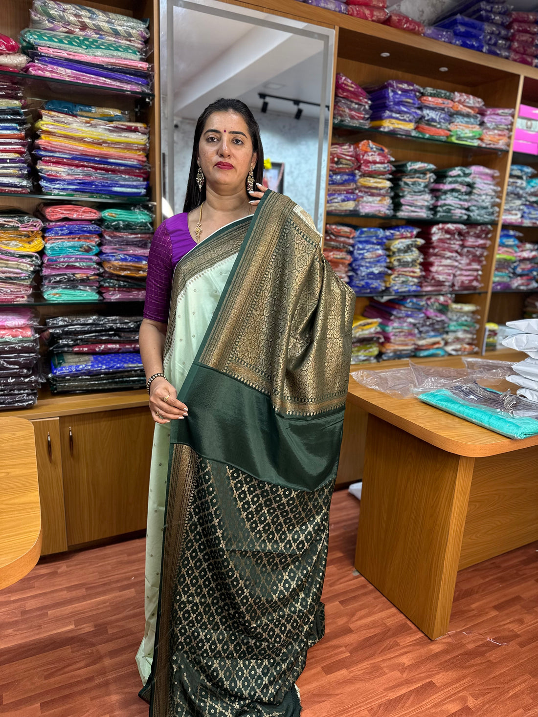 Pastel green with dark green crepe chiffon Banarasi sarees