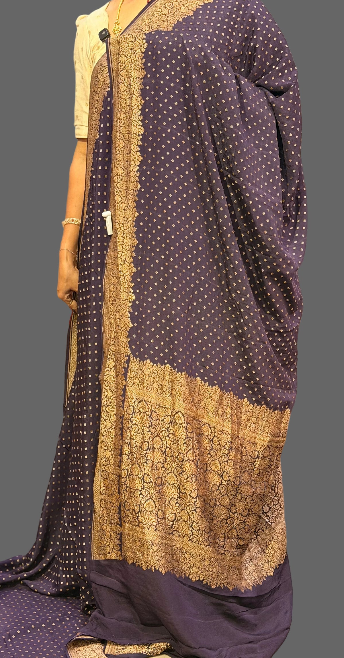 Dark navy blue mango border pure benarasi crepe silk saree