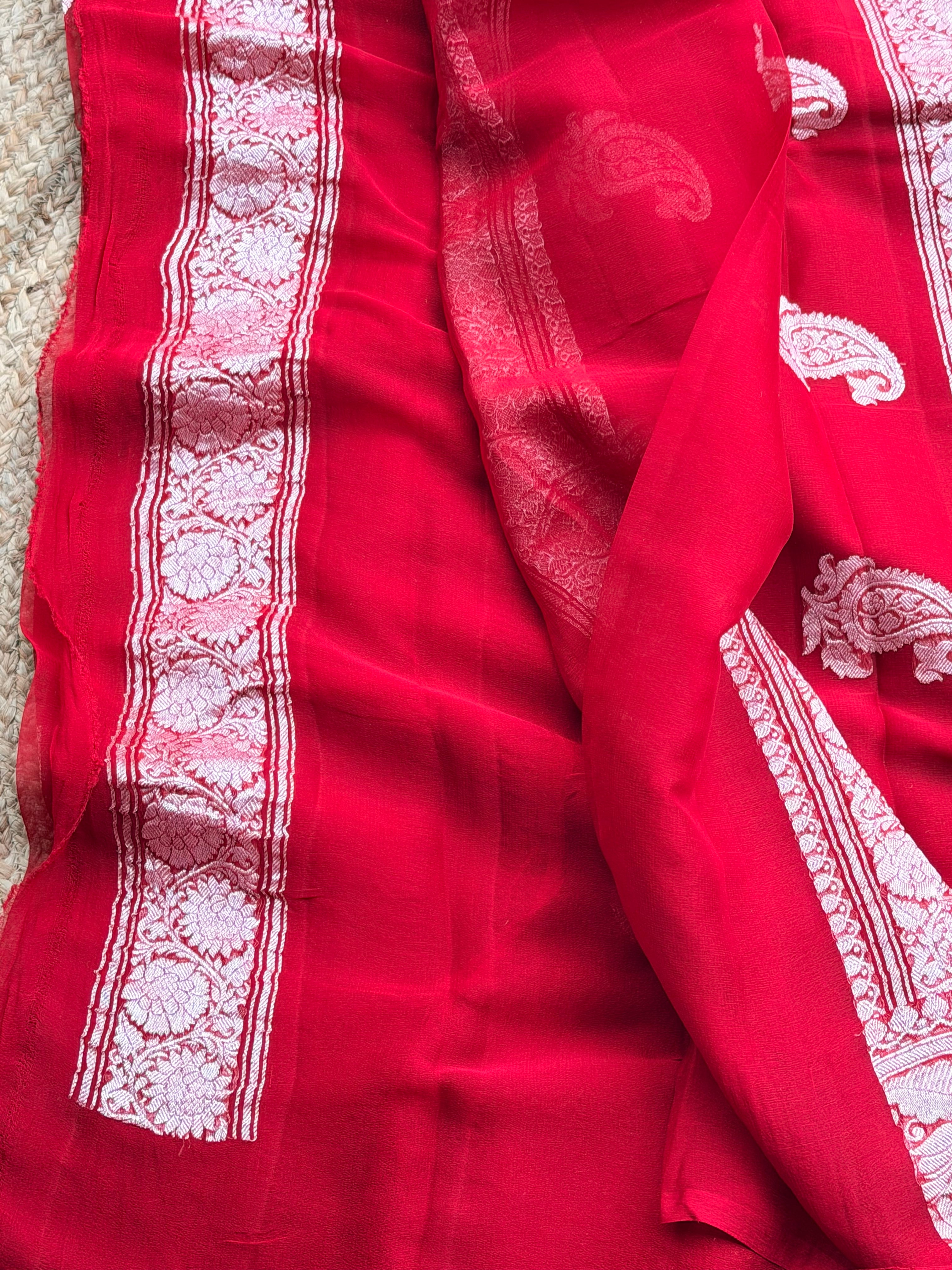 Burgundy Banarasi pure khadi chiffon saree sliver zari woven