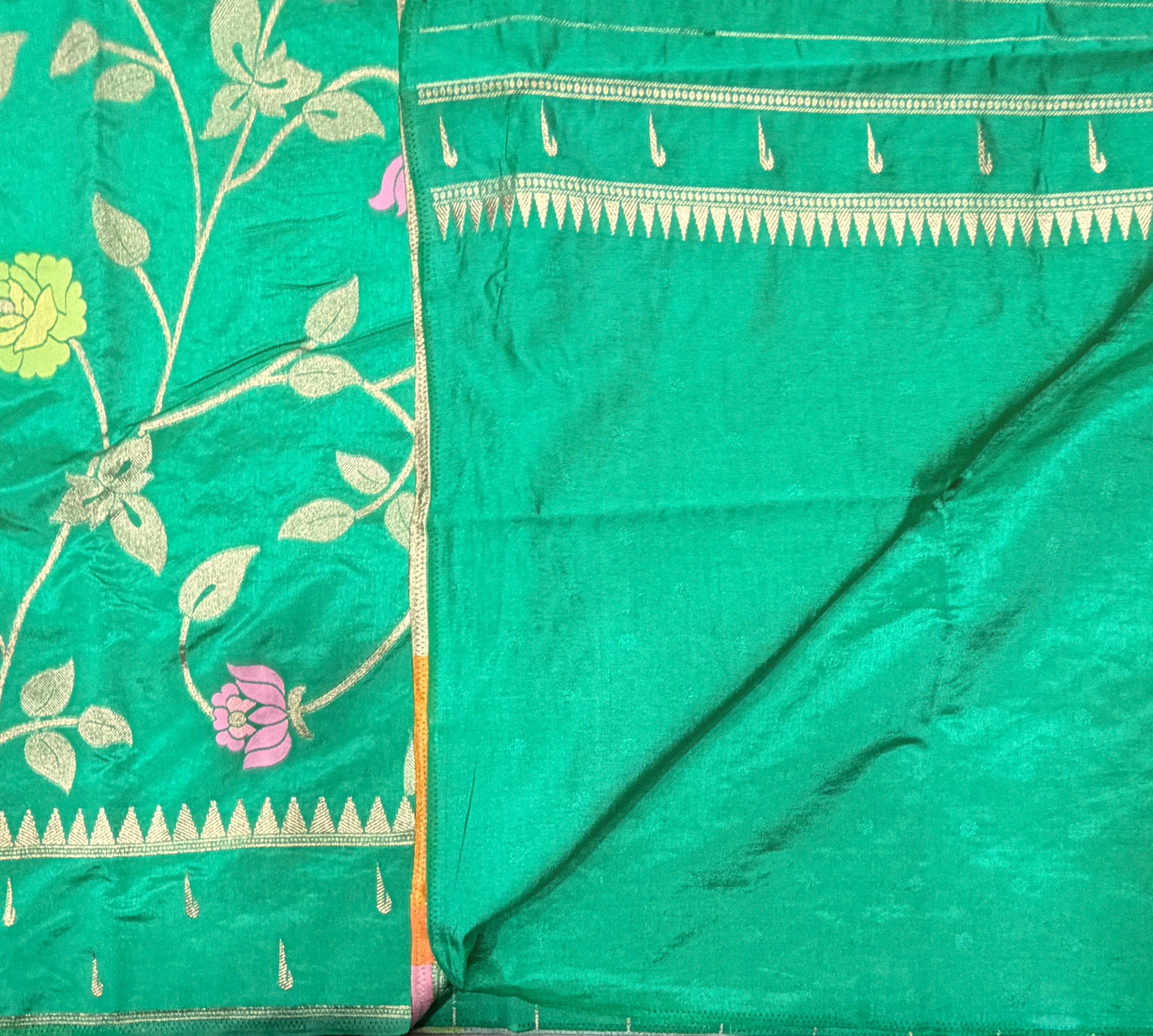 Sea green temple border tusser Paithani saree