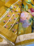 Mustard yellow digital print Banarasi pure tissue chiffon saree sliver zari saree