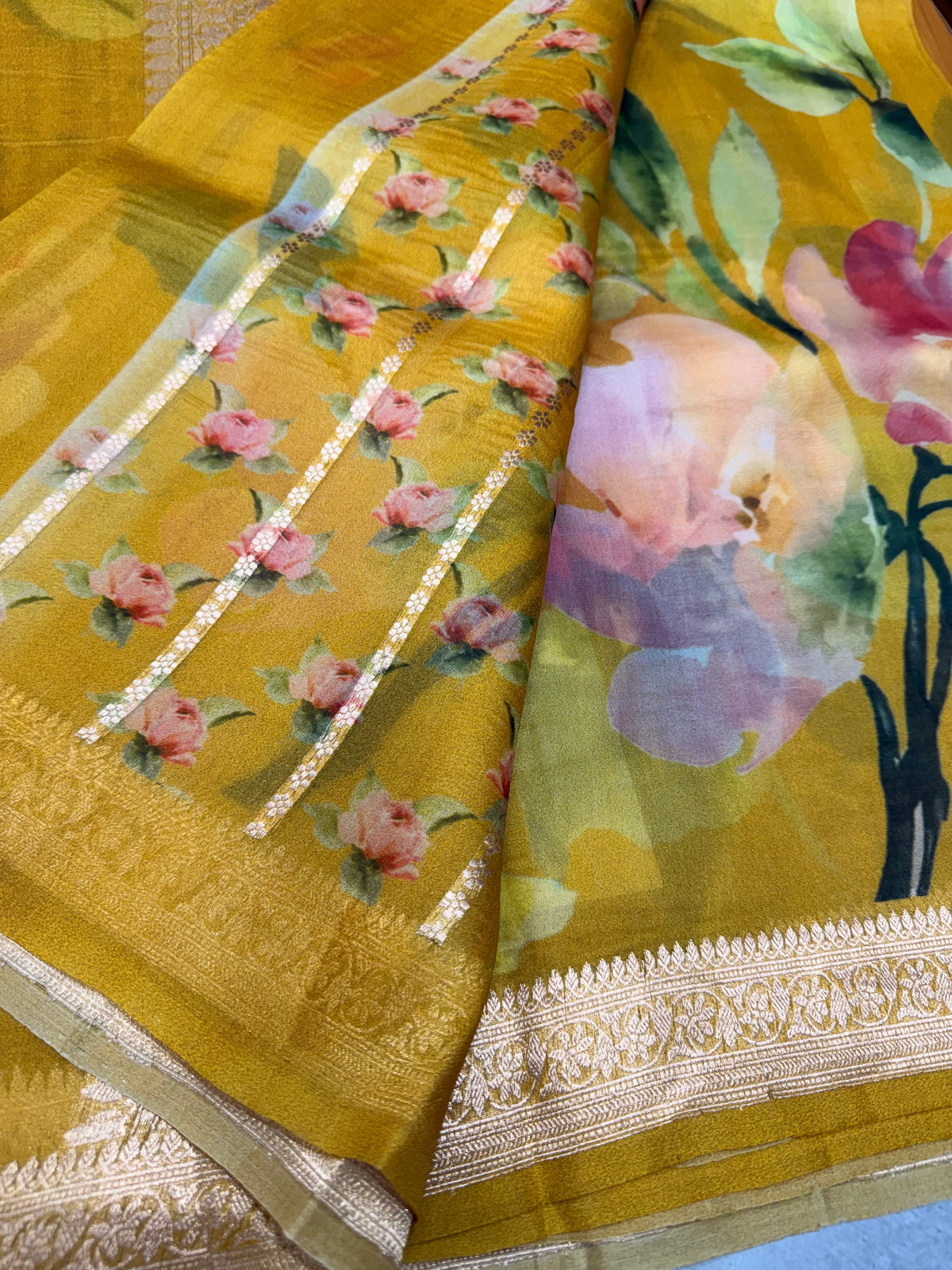 Mustard yellow digital print Banarasi pure tissue chiffon saree sliver zari saree