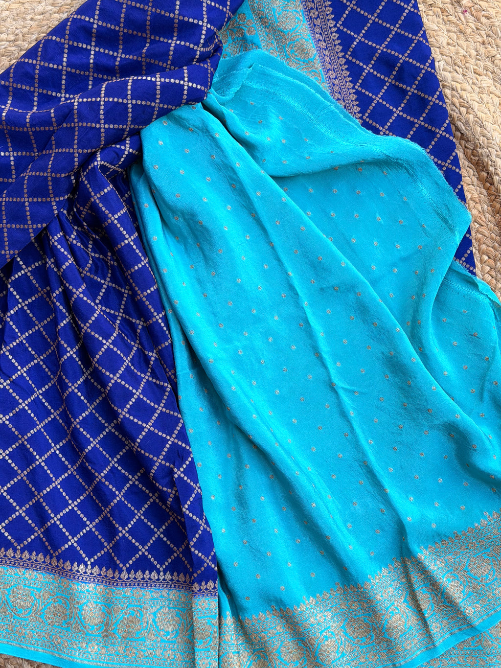 Royal blue and sky blue pure Banaras crepe