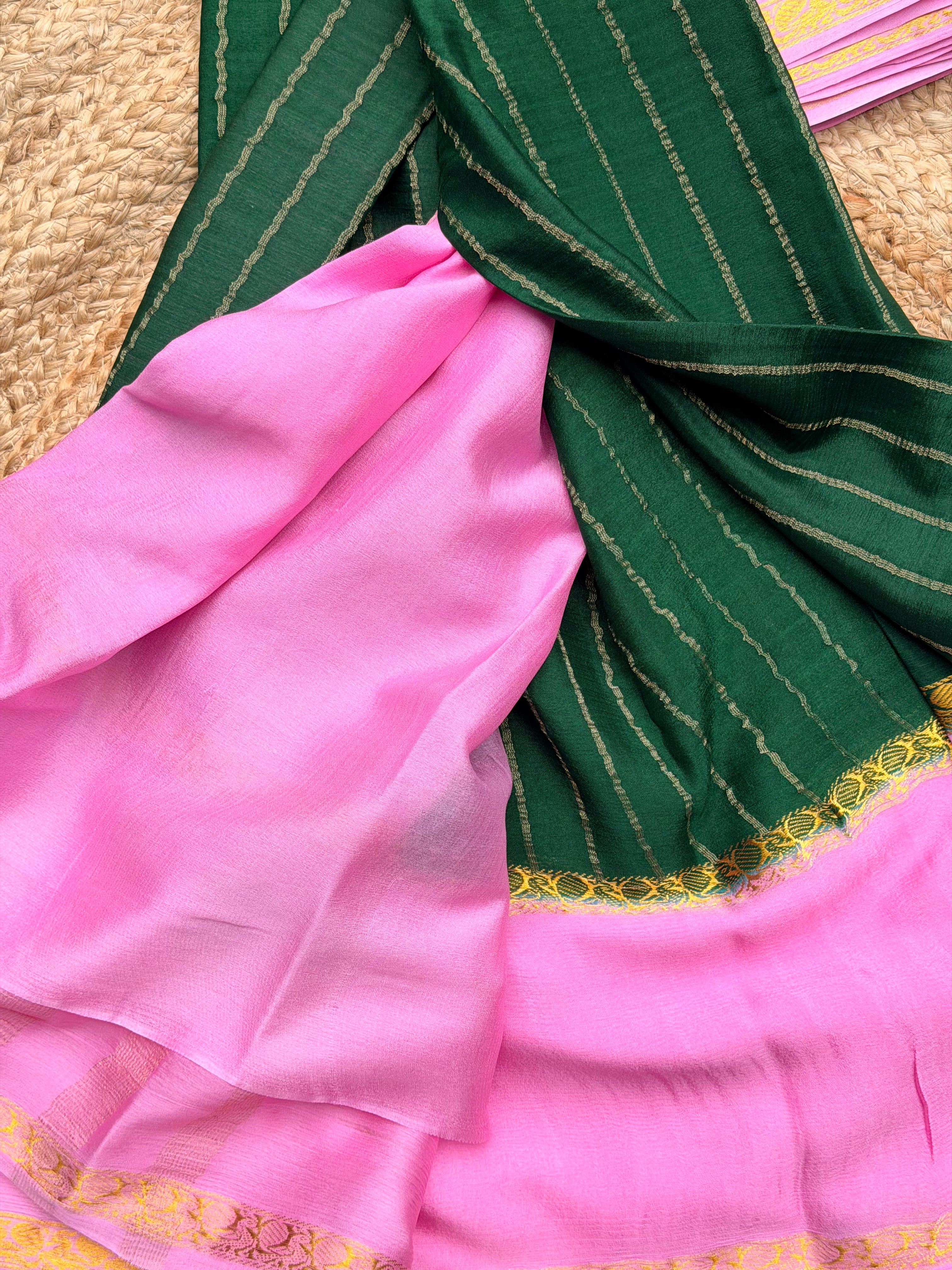 Green and lotus’s pink pure wrinkle crepe silk certified
