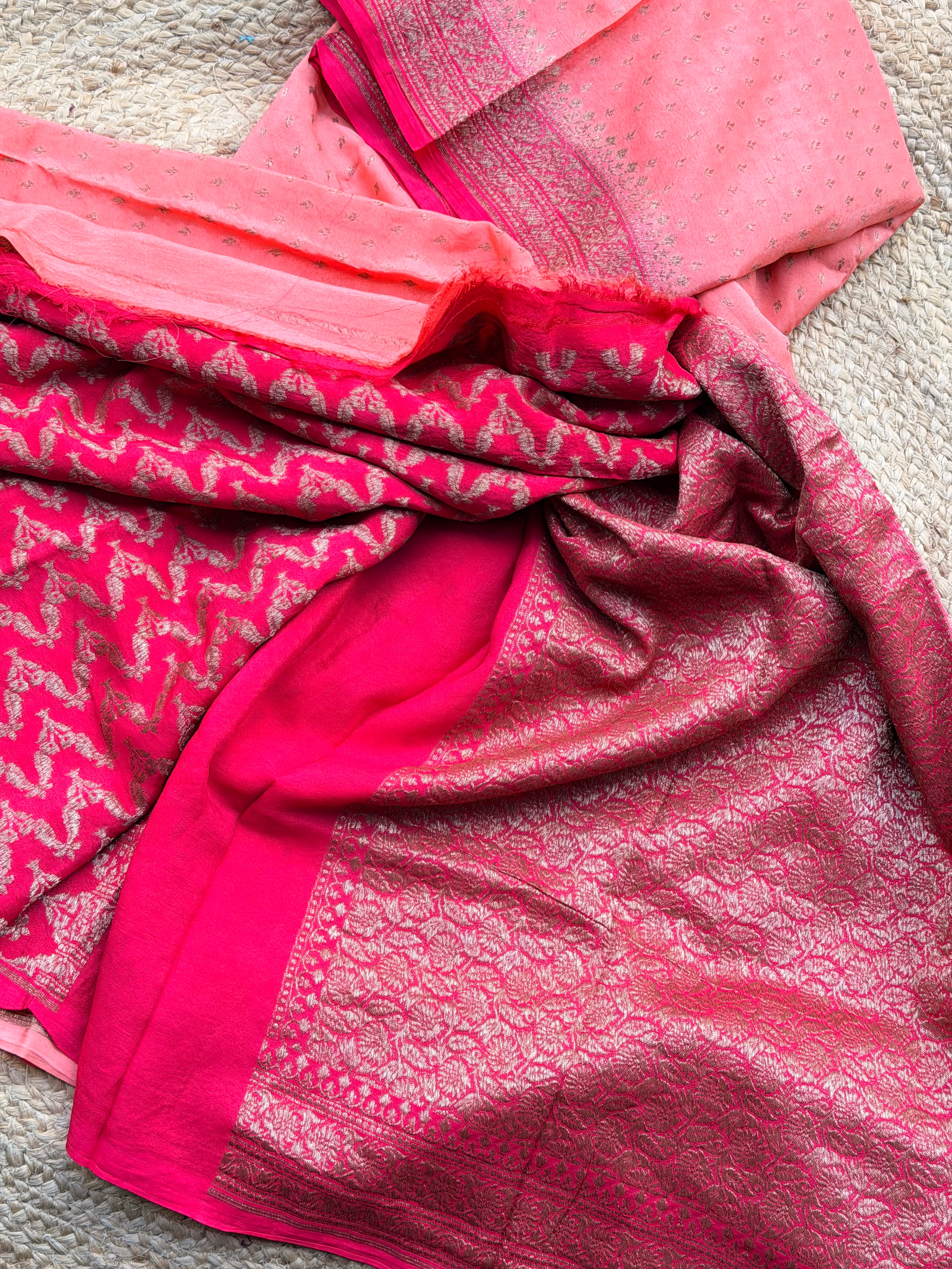 Banaras Pure crepe chiffon peach and pink