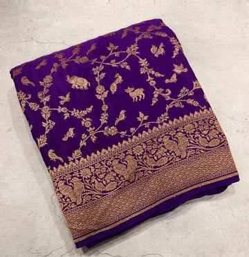 Purple jaal pattern pure benarasi crepe silk saree