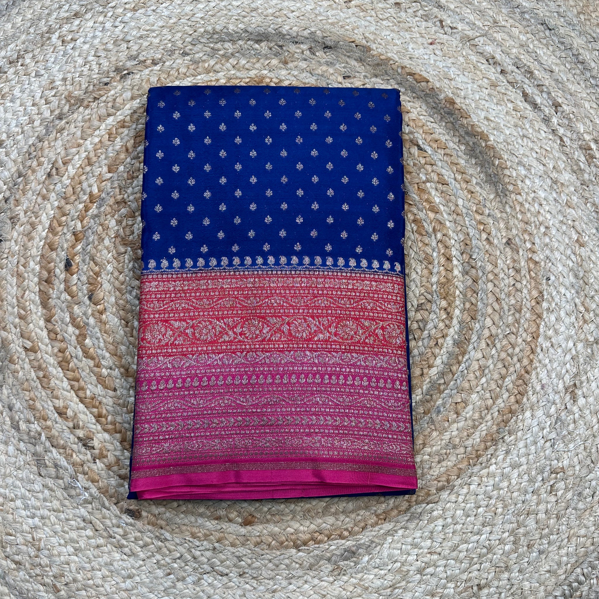 3D deep blue with pink and red crepe chiffon sarees.