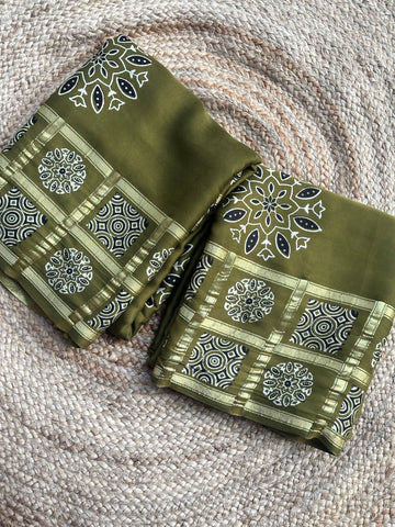 Mehendi green pure Ajrak modal silk