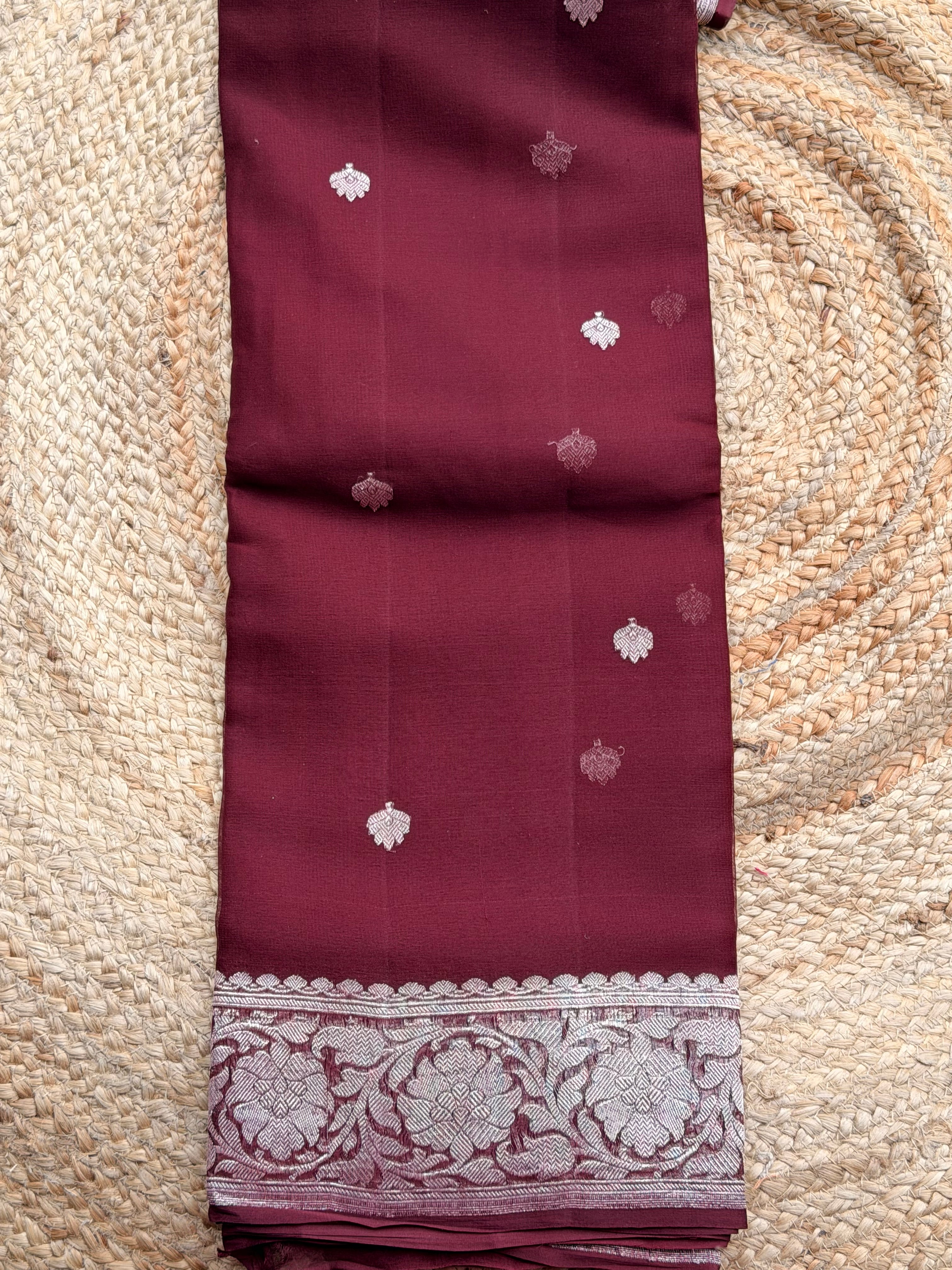 Burgundy maroon banarasi pure khadi chiffon sliver zari woven
