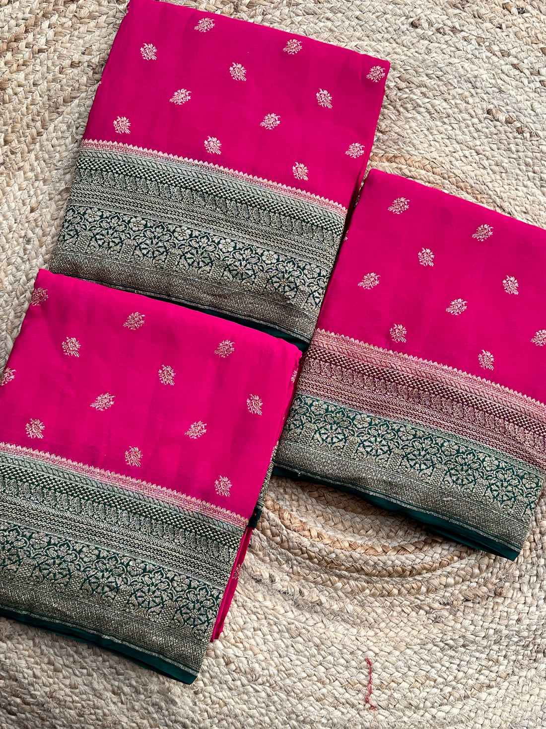 Hot pink and green 2D pure crepe Banaras silk sarees
