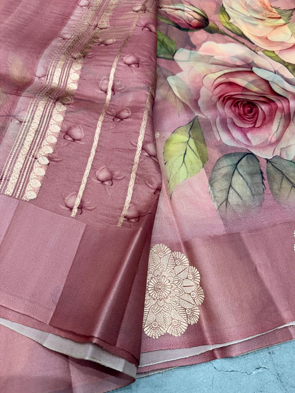 Pastel pink digital print Banarasi pure tissue chiffon saree sliver zari saree