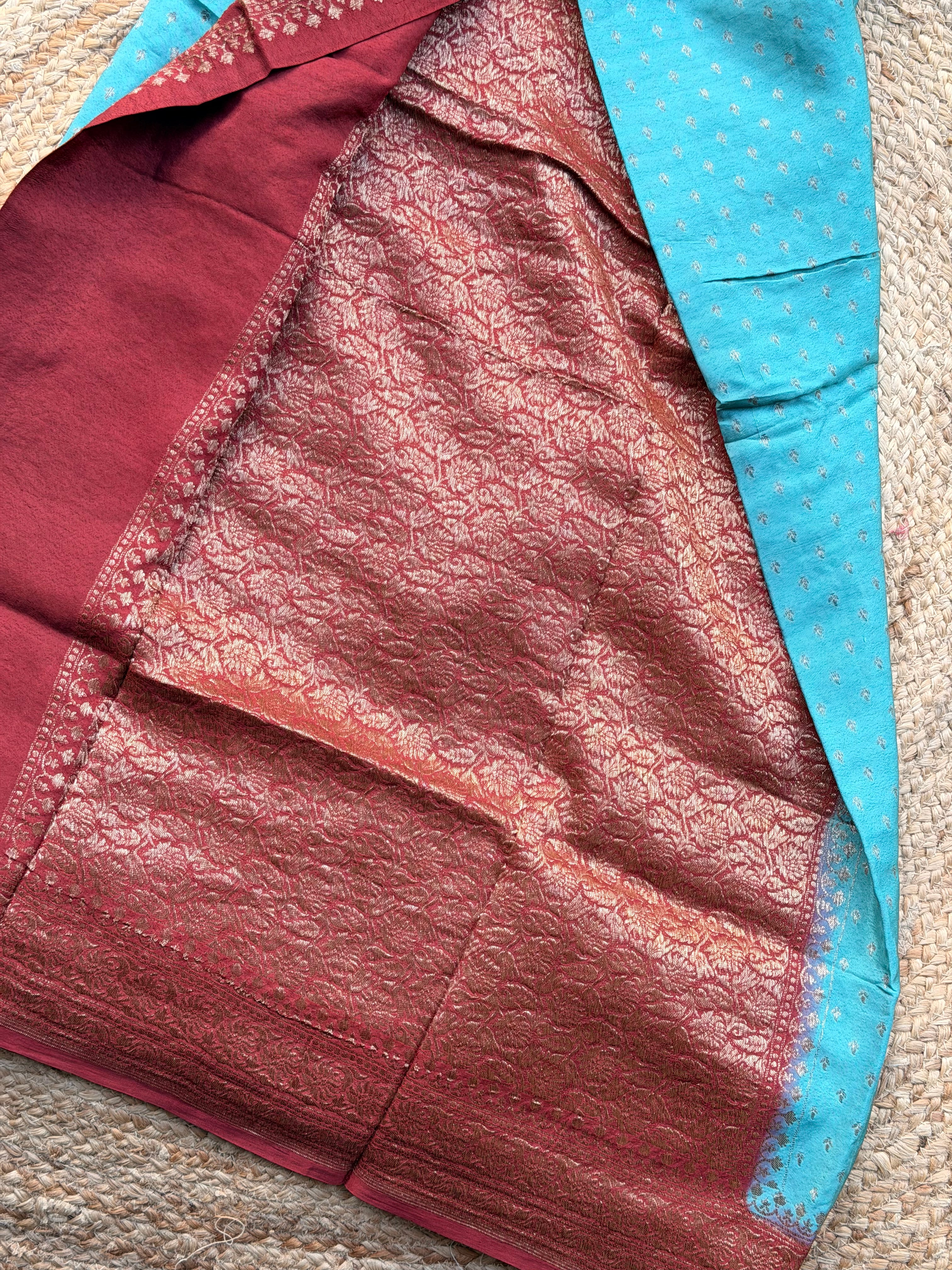 Sea blue with maroon Banaras crepe chiffon