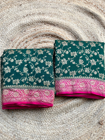 Deep green with pink jaal pattern pure crepe Banaras silk mark certified