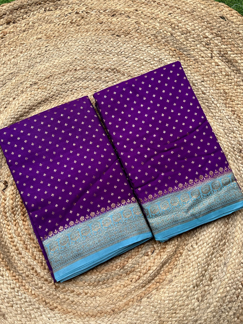 Purple and sea blue crepe chiffon Banarasi sarees