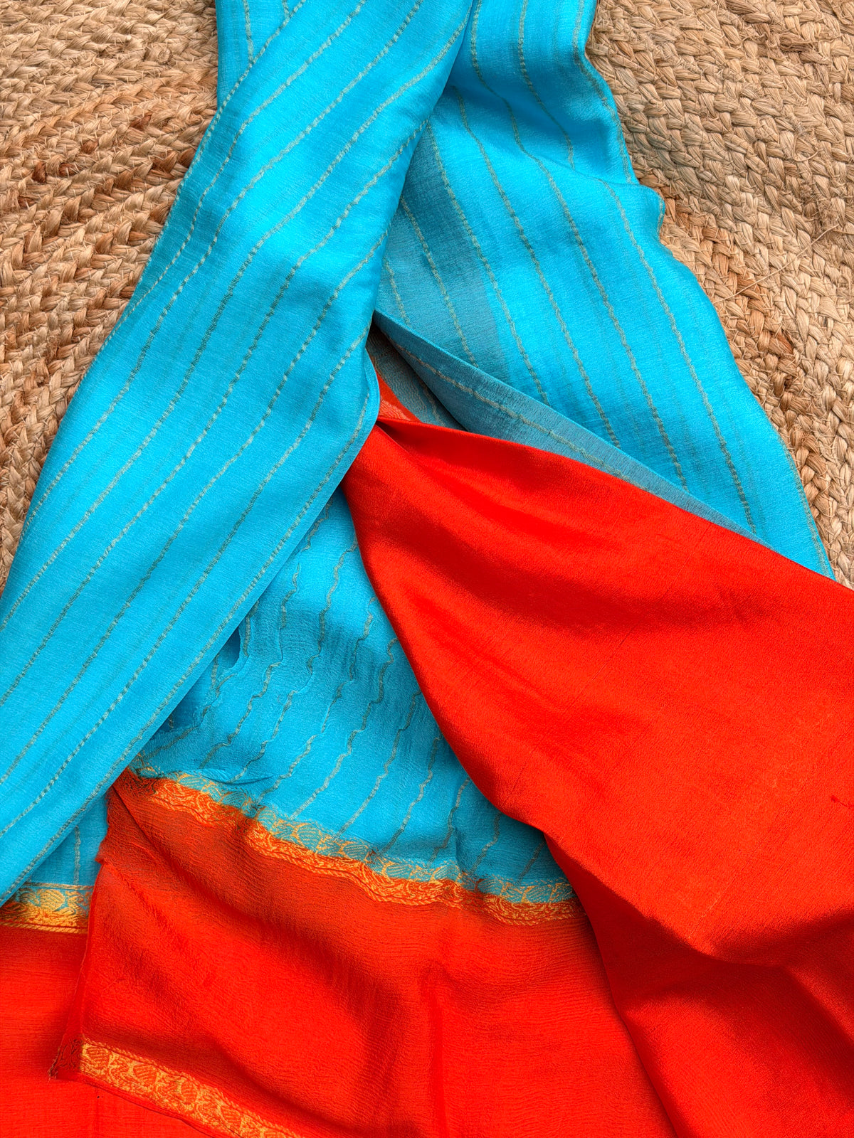 Sky blue with orange pure wrinkle crepe silk certified