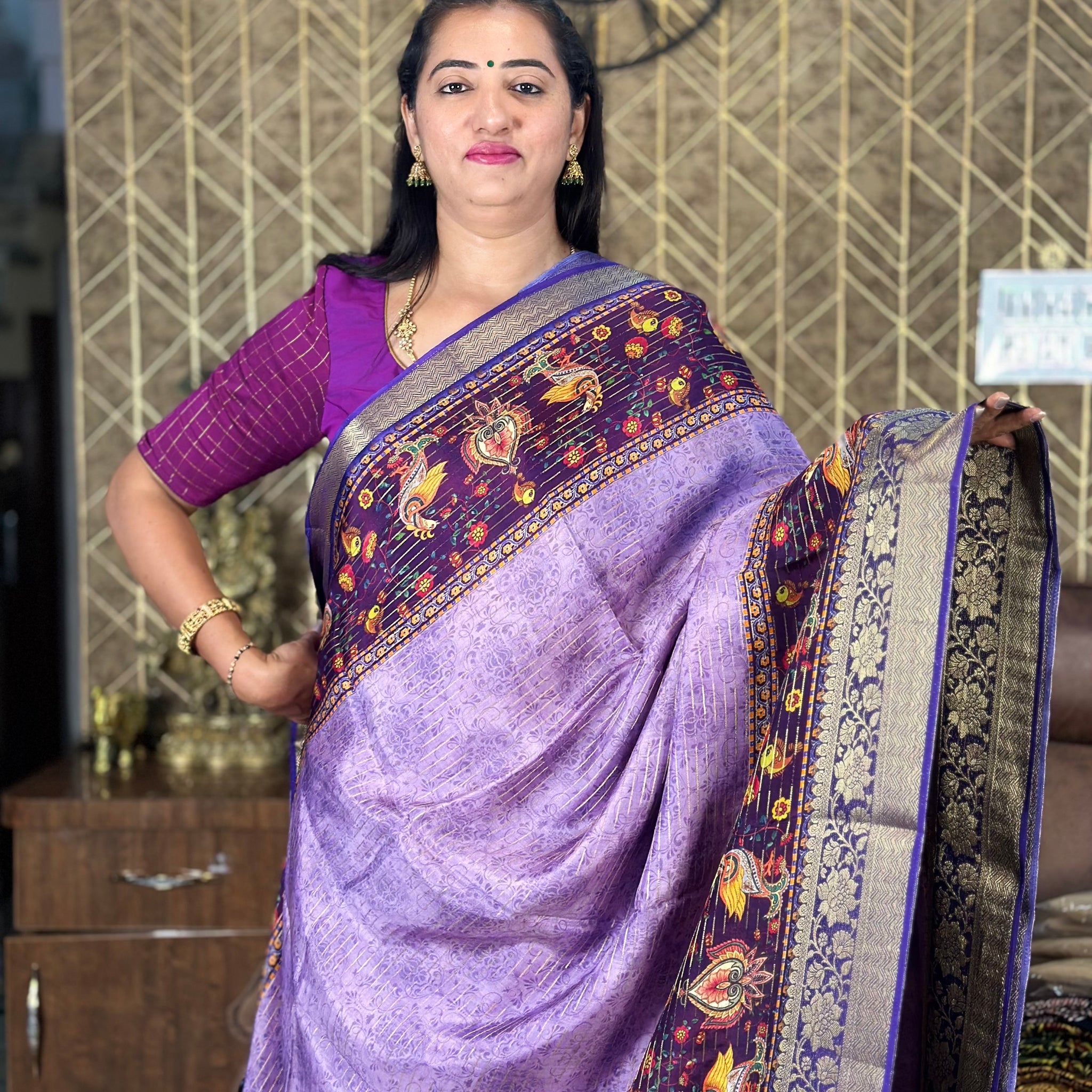 Lavender with purple dola crepe silk kalamkari border.
